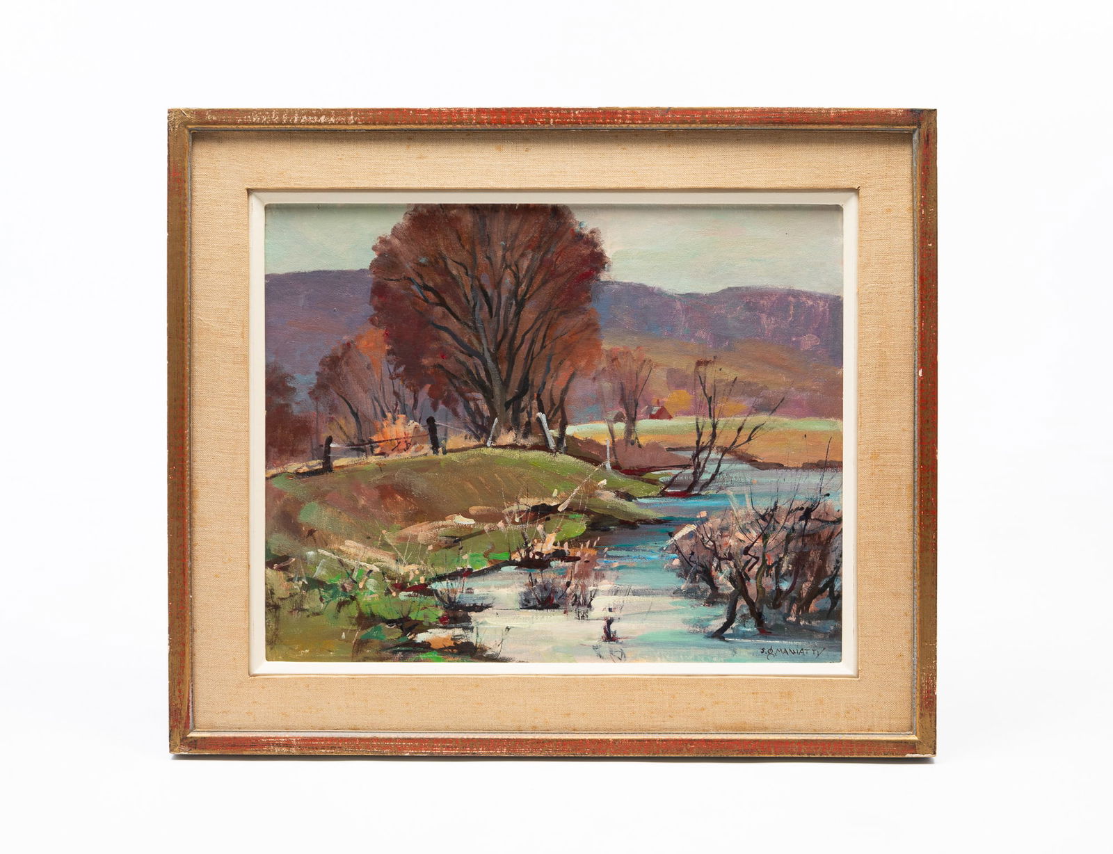 STEPHEN GEORGE MANIATTY (AMERICAN, 1910-1984) OIL ON BOARD OF CREEK-SIDE LANDSCAPE. Frame, 21.5"h. (1 of 4)