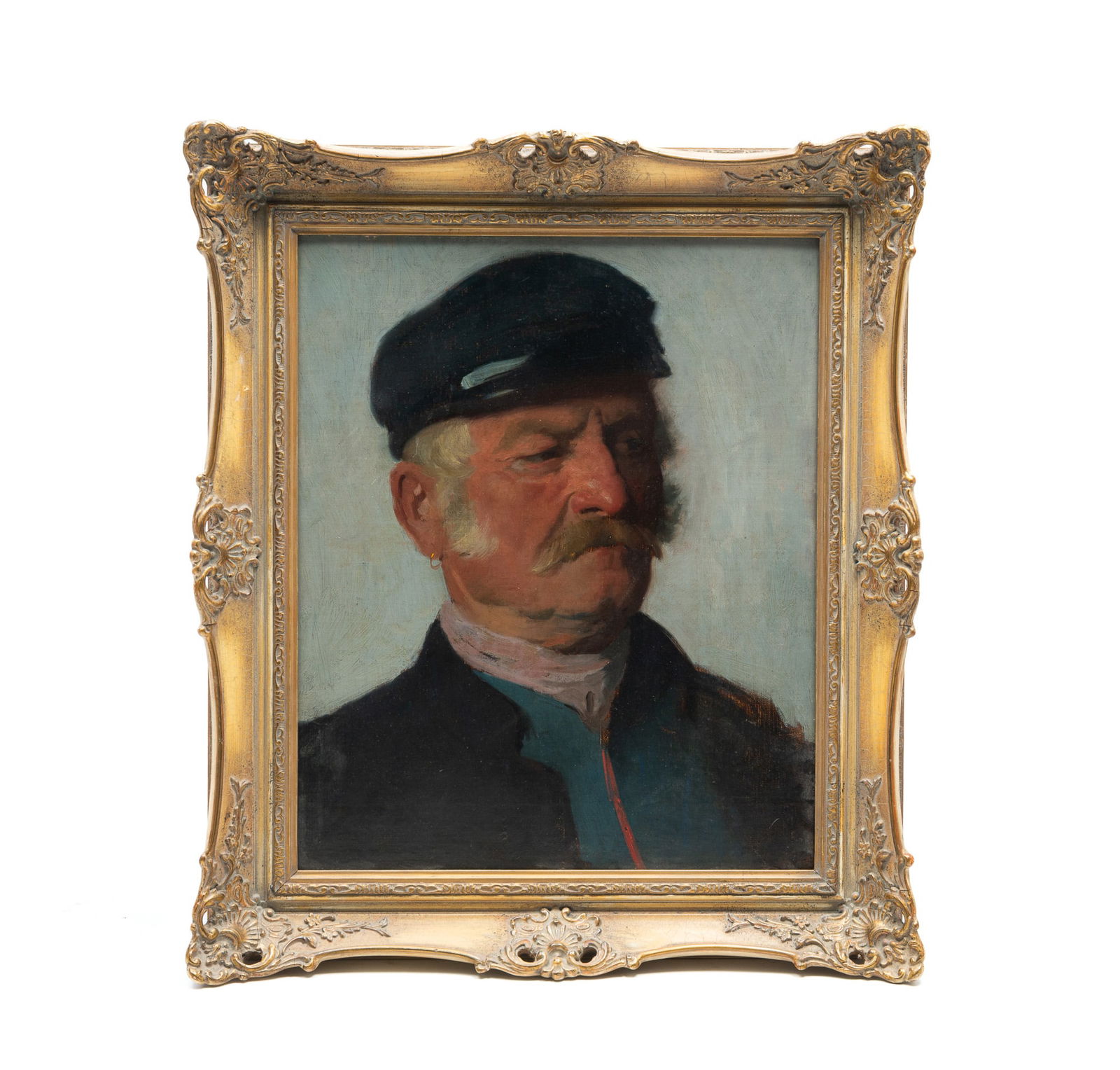 THEODOR POECKH (GERMAN, 1839-1921) OIL ON ARTIST'S BOARD PORTRAIT OF MAN WITH MUSTACHE AND EARRING. (1 of 9)