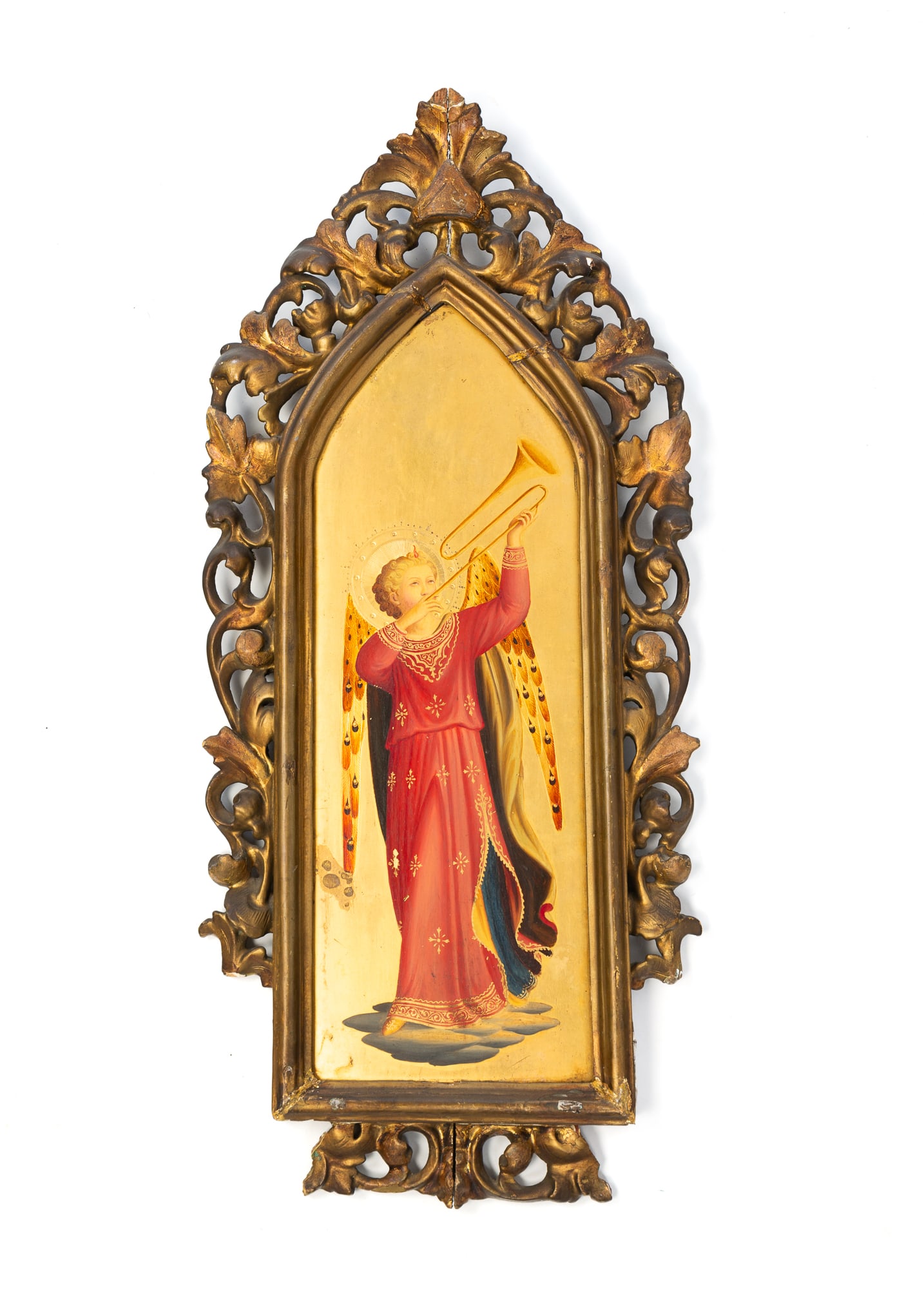 AFTER FRA ANGELICO (ITALIAN, 1395-1455) OIL ON BOARD OF ANGEL PLAYING A TRUMPET. Framed, 24"h.: Italian, 19th Century. Depiction of a robed angel playing a trumpet on a gold ground. In an openwork Gothic frame.SHIPPING: All purchases from Amelia Jeffers, Auctioneers & Appraisers may be picked up