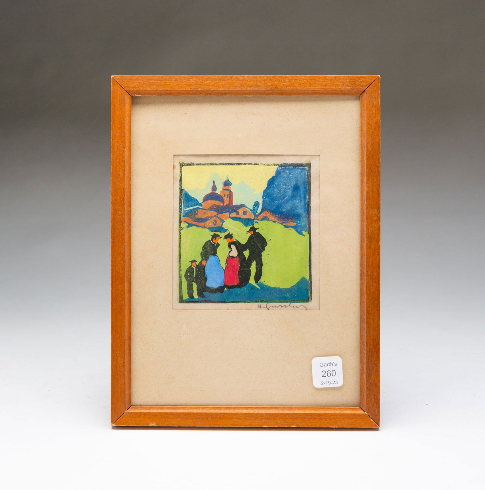 HERBERT GURSCHNER (AUSTRIAN, 1901-1975) "THE CHAT" COLOR WOODBLOCK PRINT. 8.75"h. 6.5"w.: Signed lower right. A group of people gathered on the green grass with a building-lined skyline. Embossed stamp on mat, label for Wohlgomuth Publications, Berlin, Germany.SHIPPING: All purchases from