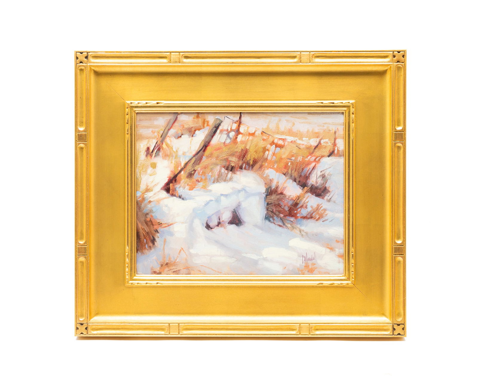 OIL ON CANVAS OF A SNOWY WOODS SCENE, SIGNED C. MARSHALL. Framed, 18.75"h. 21.75"w. (1 of 4)