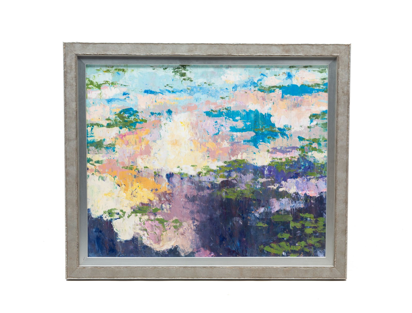 RICK AKERS (COLUMBUS, OHIO, CONTEMPORARY) "ILLUMINOUS" OIL ON BOARD IMPRESSIONISTIC LANDSCAPE.: American, 20th Century. Impressionistic view of a sky and the water in white, blues, purples, and greens. In a contemporary silver frame.Provenance: The Lifetime Collection of Ron & the late Betty Koz