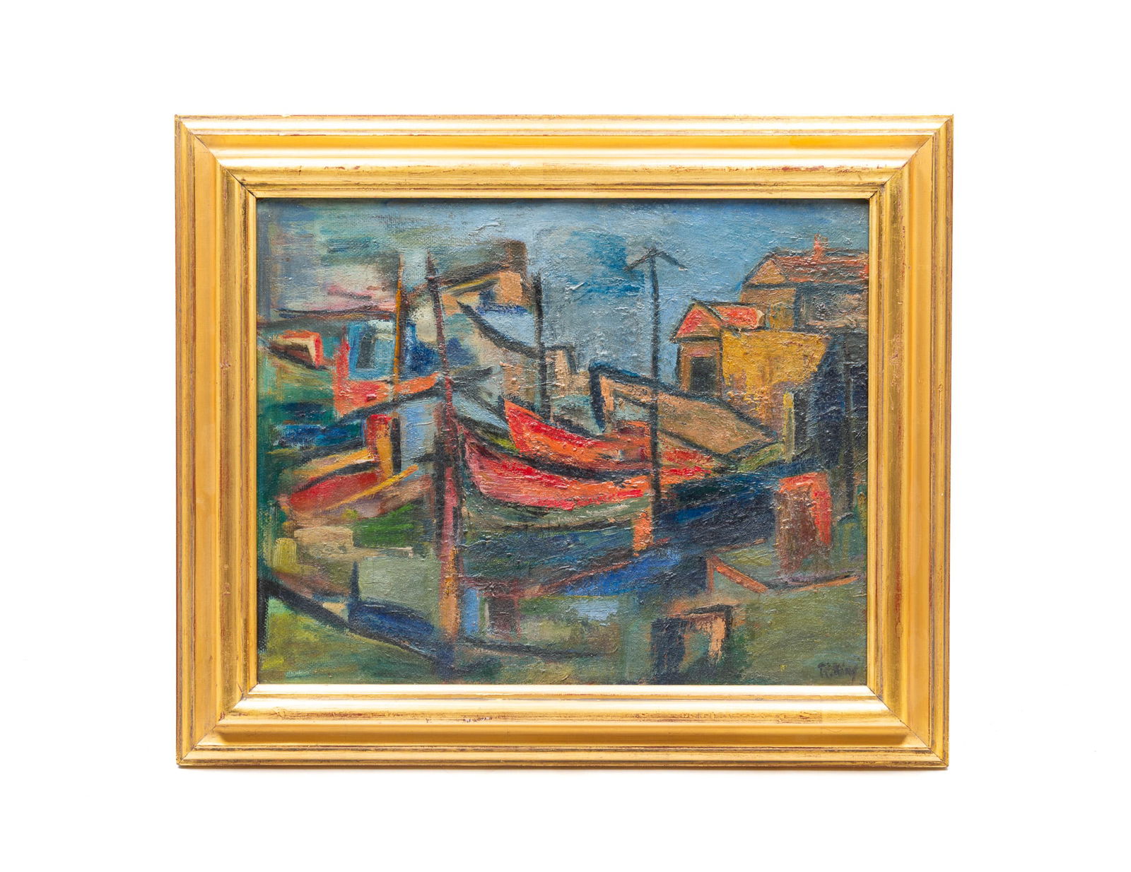 ABSTRACT HARBOR SCENE OIL ON BOARD. Framed, 20.75"h. 24.75"w. Sight, 16"h. 19.75"w. (1 of 4)