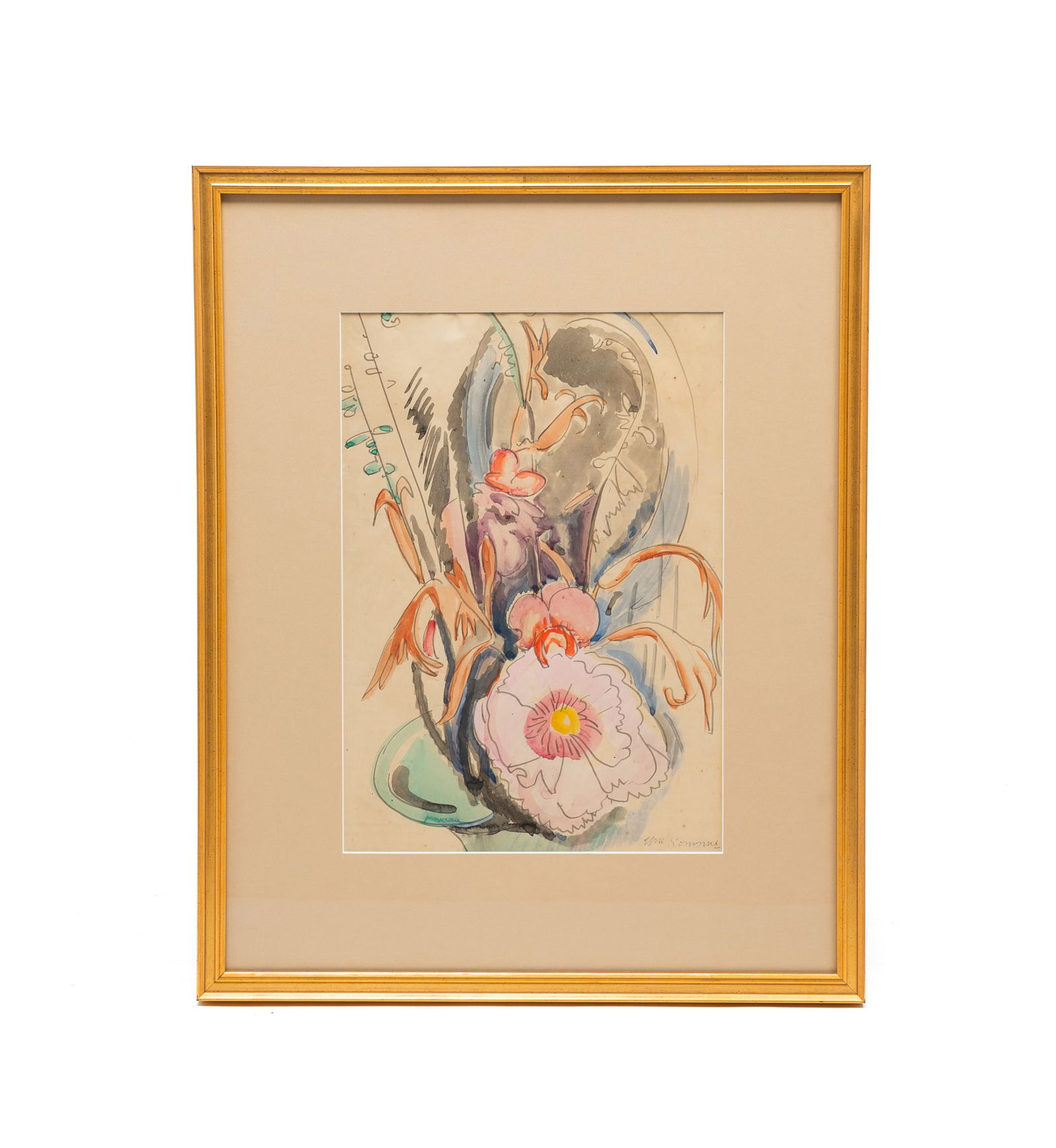 WILLIAM SOMMER (CLEVELAND, OHIO, 1867-1949) WATERCOLOR OF FLOWERS. Frame, 21.25"h. 17"w.: American, 20th Century. On paper. Depicting a vase of flowers, signed at lower right. Matted and framed.Provenance: The Lifetime Collection of Ron & the late Betty Kozlowski (Upper Arlington, Ohio).SH