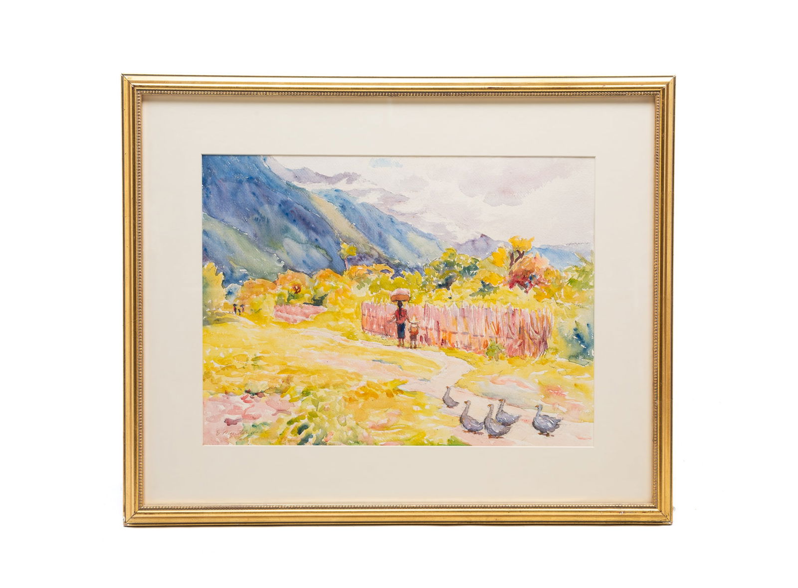 EMMA MENDENHALL (CINCINNATI, OHIO, 1873-1964) WATERCOLOR ON PAPER OF A LANDSCAPE WITH FIGURES AND: American, Early to mid-20th Century. Landscape with ducks and figures walking along a path with a mountain in the background. Signed at lower left.Provenance: The Lifetime Collection of Ron & the late