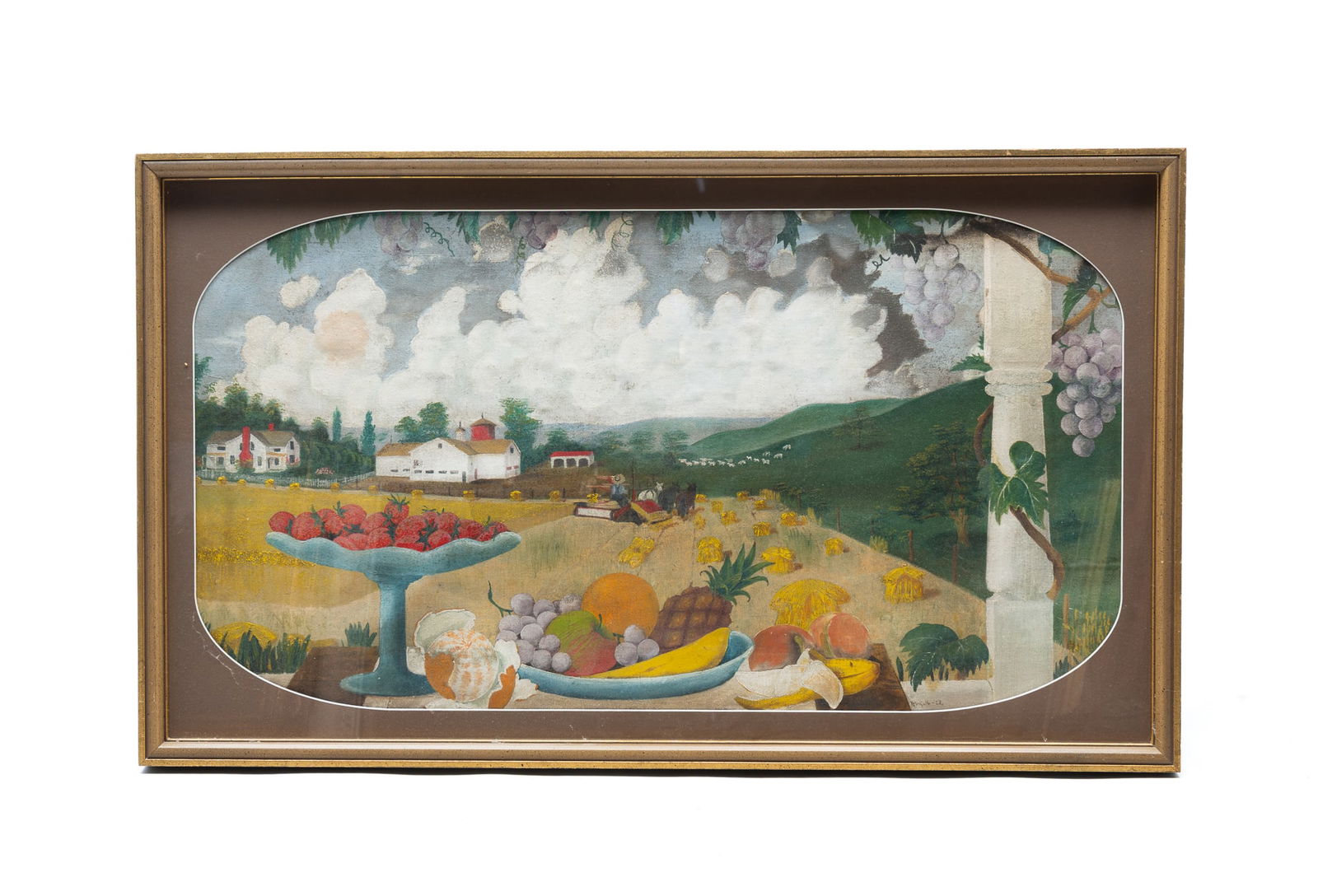 B.V. KALB (AMERICAN, 20TH CENTURY) MIXED MEDIA THEOREM STYLE LANDSCAPE, DATED 1928.: Dated (19)28. Mixed media on linen attached to board. View of fruit on a table in the theorem style and the view of a farm in the distance under a cloudy sky. Signed and dated lower right. Matted and