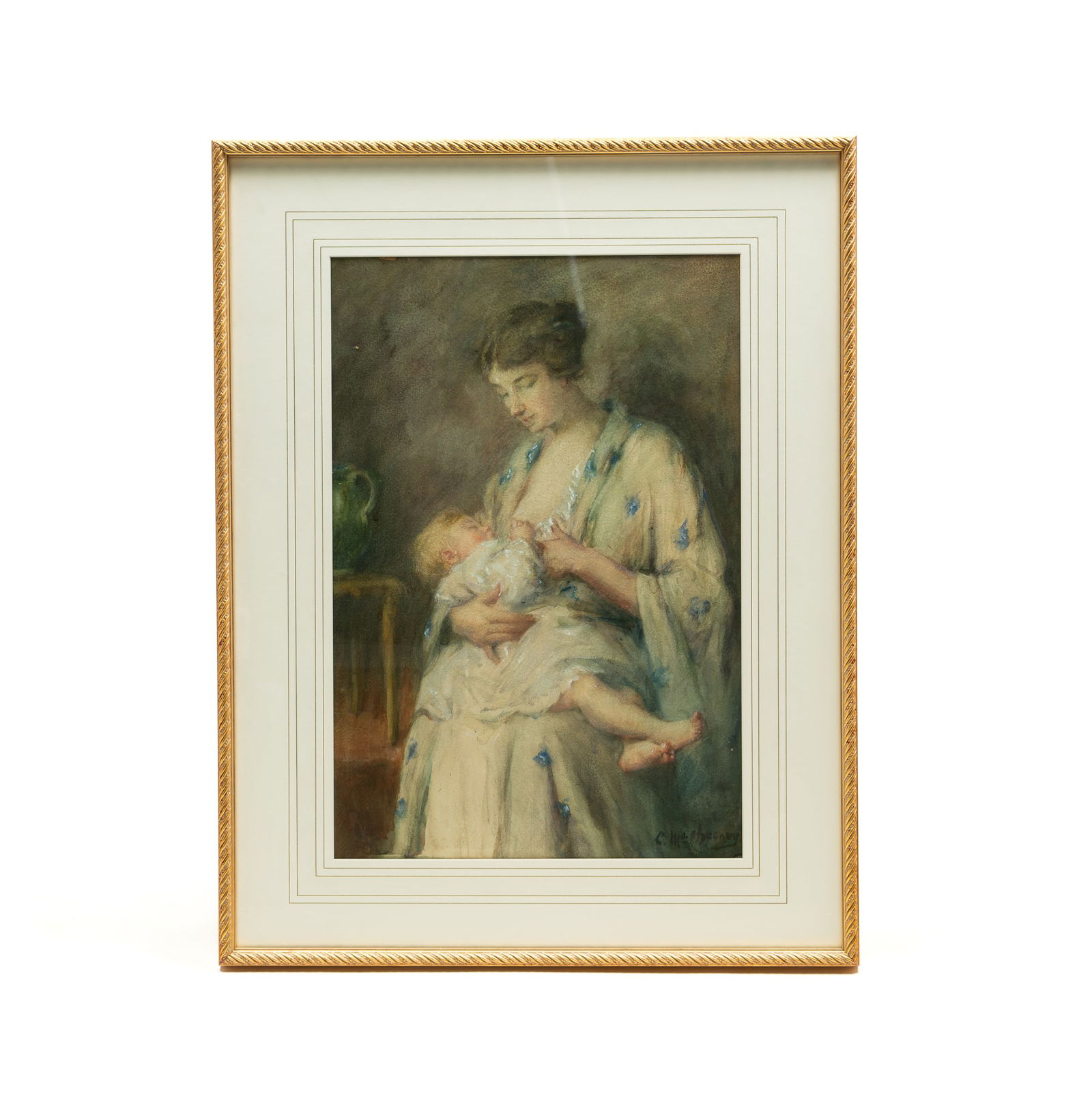 CLARA TAGGART MCCHESNEY (AMERICAN, 1860-1928) "MOTHERLY LOVE" WATERCOLOR ON PAPER. Frame, 25.75"h. (1 of 4)