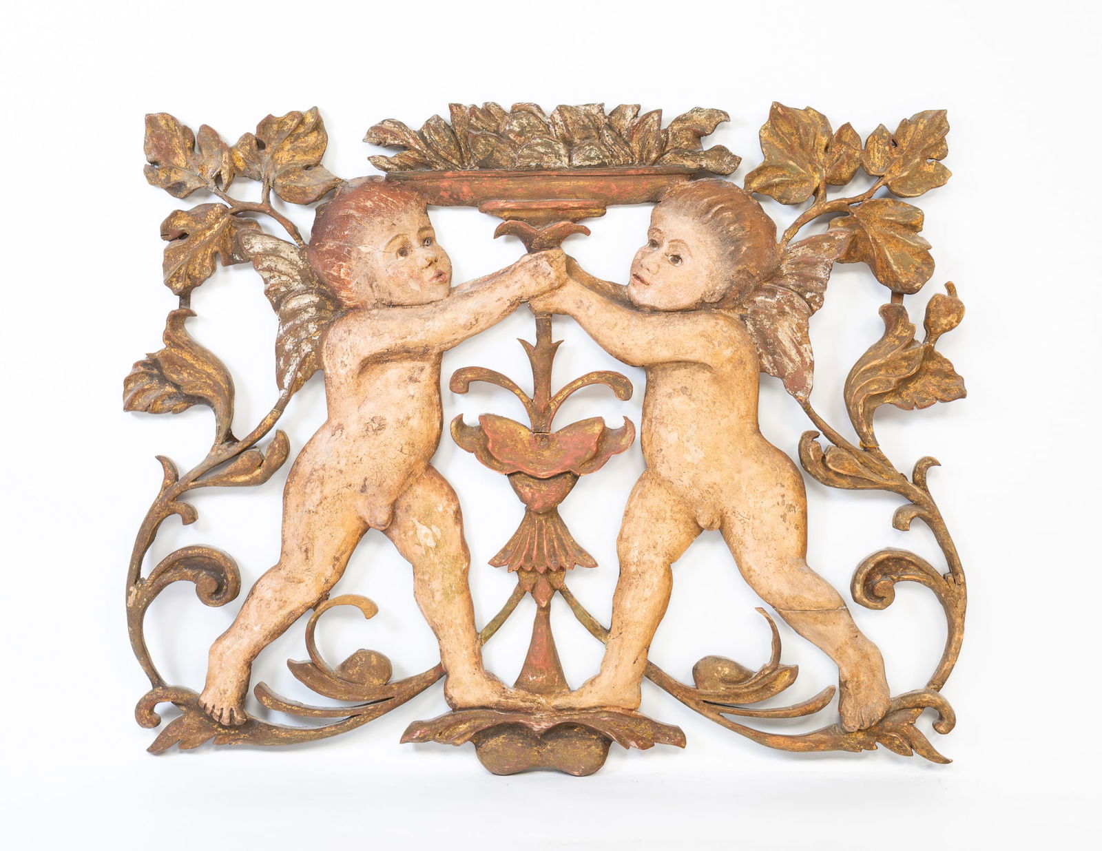 EUROPEAN CARVED, POLYCHROMED, AND PARCEL-GILT "BOISERIE" WALL HANGING WITH PUTTI. 27.5"h. 34"w. (1 of 5)