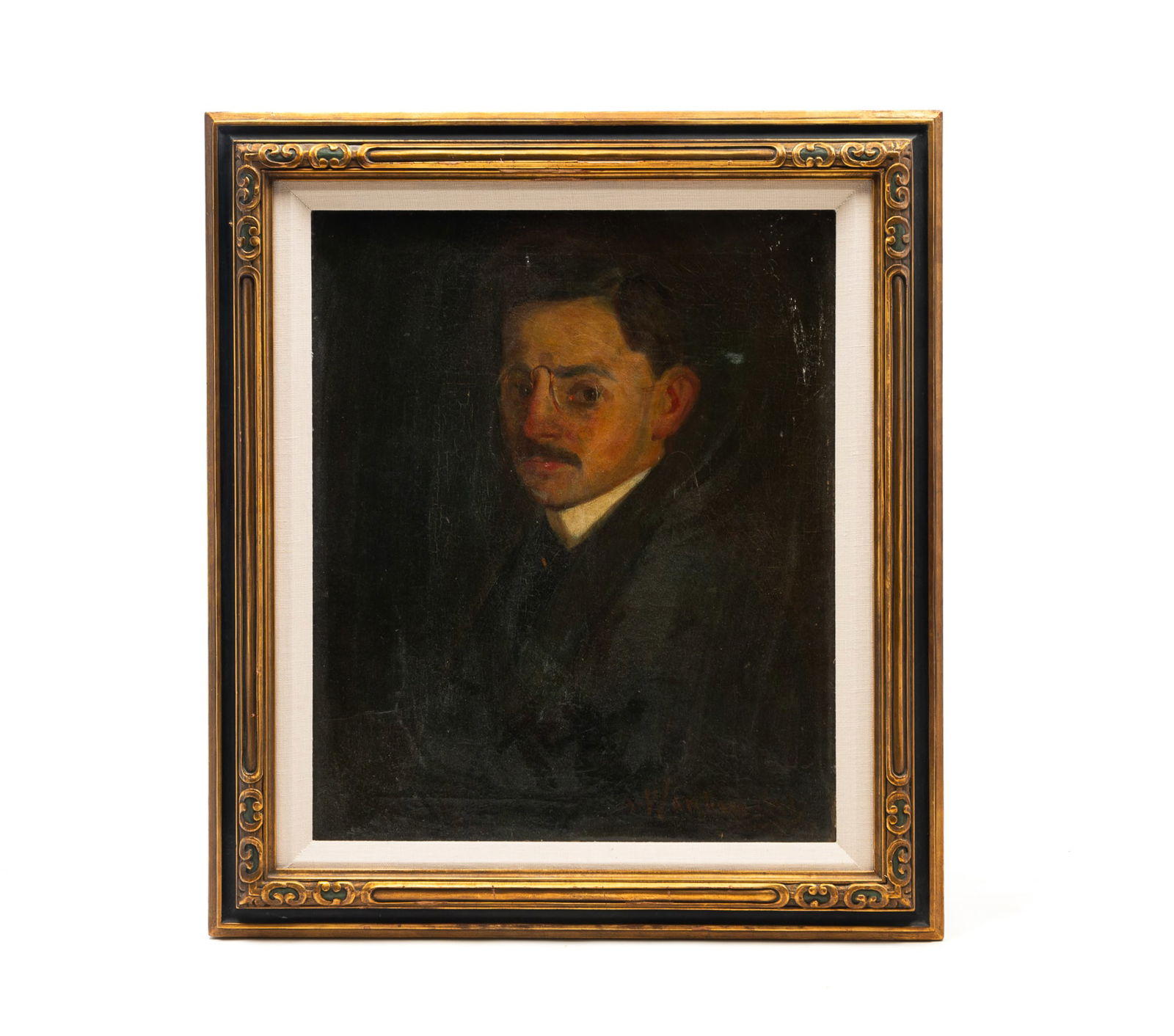 ABEL GEORGE WARSHAWSKY (AMERICAN, 1883-1962) OIL ON CANVAS PORTRAIT OF A GENTLEMAN WEARING GLASSES. (1 of 4)