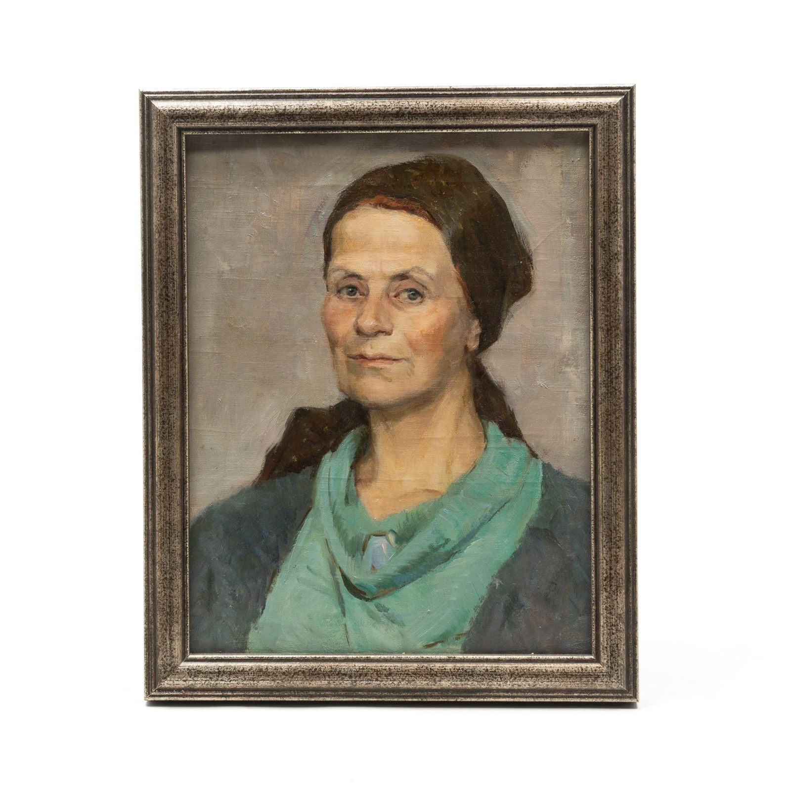OIL ON CANVAS PORTRAIT OF A WOMAN.: 20th Century. Depicting a woman wearing a brown headscarf.Provenance: The Lifetime Collection of Ron & the late Betty Kozlowski (Upper Arlington, Ohio). Frame 20.75"h. 16.75"w. Canvas, 18"h. 14"w. SHI