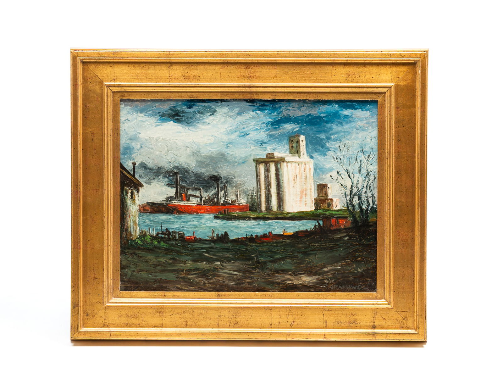 RAY ANTHONY GRATHWOL (AKRON, OHIO, 1900-1992) OIL ON CANVAS BOARD OF A LAKE ERIE HARBOR SCENE.: American, 20th Century. Depicting an ore boat and a grain silo, signed "R. Grathwol" at lower right. In a large giltwood frame.Provenance: The Lifetime Collection of Ron & the late Betty Kozlowski (Up