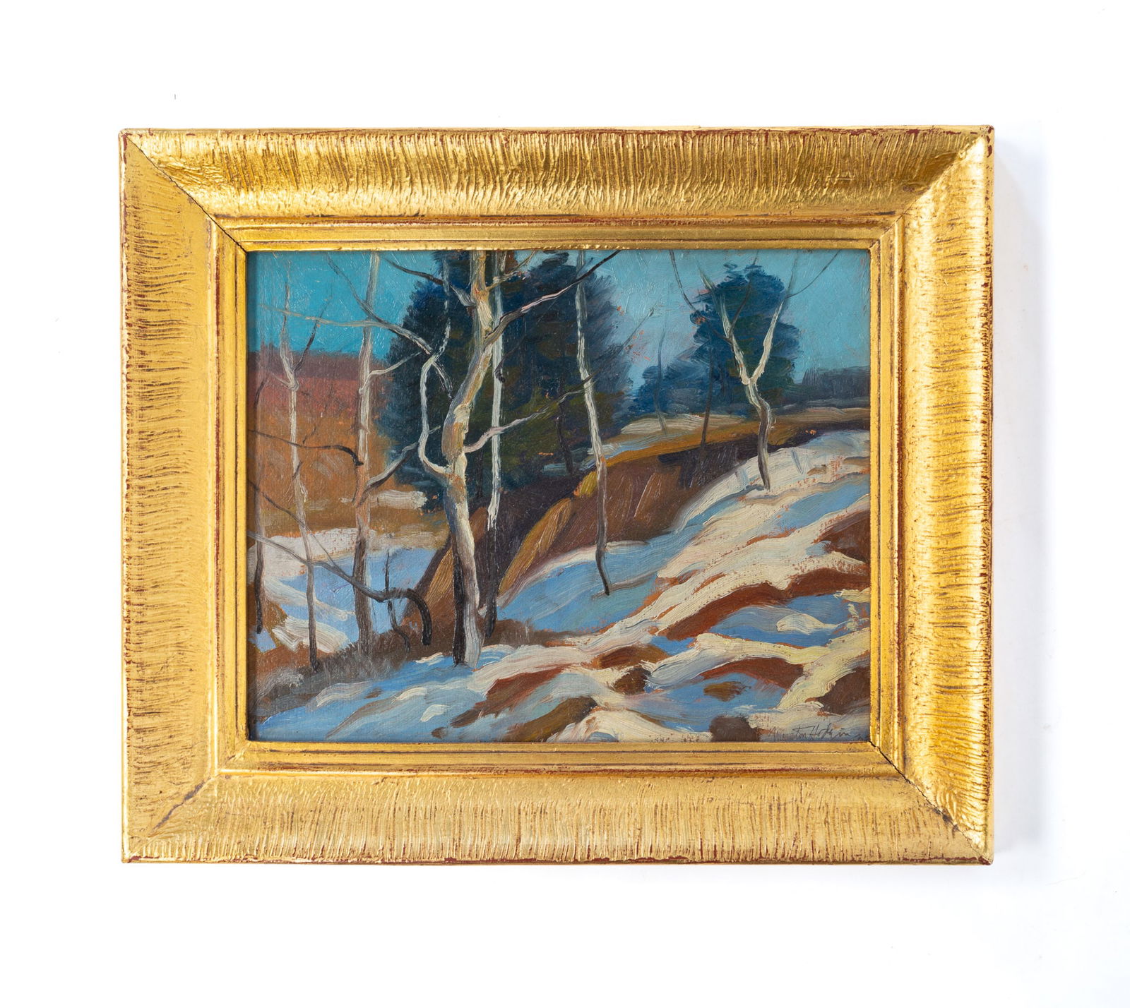 MARSTON HODGIN (OHIO/INDIANA, 1903-2003) OIL ON BOARD WINTER LANDSCAPE. Frame, 13"h. 15.5"w. Board, (1 of 4)