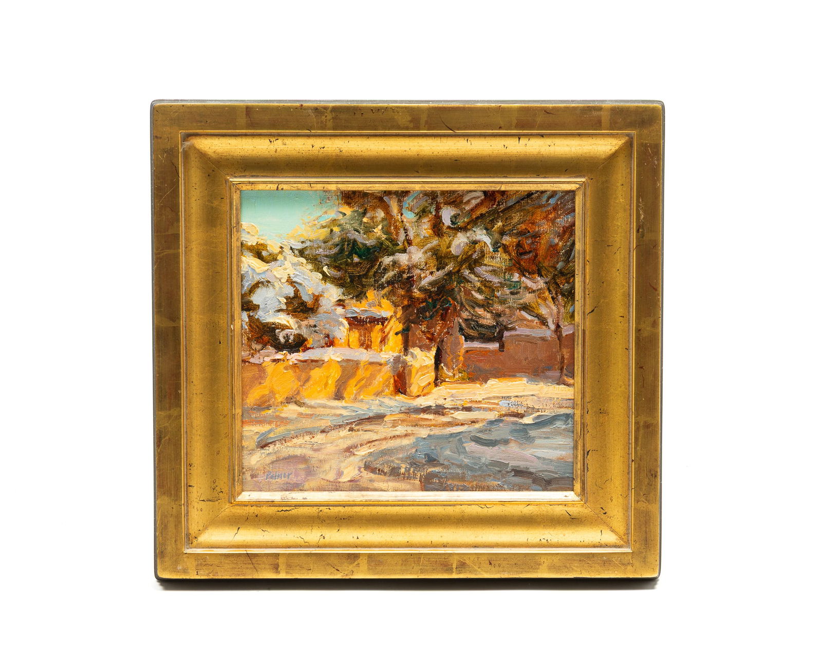 KATE PALMER (NEW MEXICO, B. 1948) "SNOWLADEN" OIL ON BELGIAN LINEN LAID ON BOARD, DATED 2003. Frame,: American, 21st Century. Depicting an Impressionistic wintry landscape with a large evergreen tree, signed "Palmer" at lower left. In a gilt frame. Ex Sylvan Gallery (Charleston, South Carolina), label