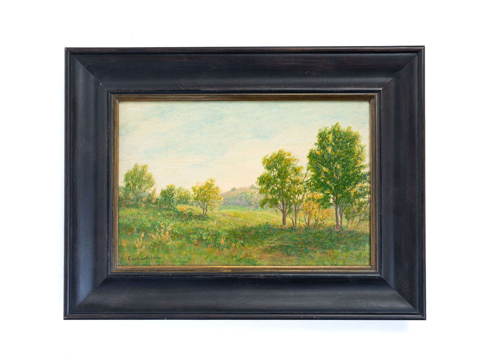 JOHN FRANKLIN EARHART (AMERICAN, 1853-1938) OIL ON BOARD OF VERDANT LANDSCAPE, DATED 1904. Frame, (1 of 4)