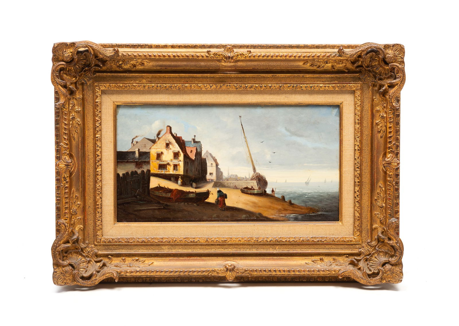 A. MOTINI (EUROPEAN) OIL ON BOARD OF HARBOR SCENE. Frame, 16.75"h. 24.25"w. Board, 8.5"h. 16.25"w.: Mid-19th Century. View of a coastal town near the sea, filled with boats on the water, and one docked. In an ornate frame with a linen mat.SHIPPING: All purchases from Amelia Jeffers, Auctioneers & Ap