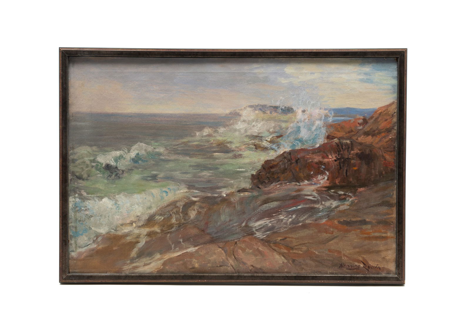 HENNING RYDEN (AMERICAN, 1869-1939) OIL ON CANVAS OF BREAKING WAVES ON A ROCKY COAST. Frame, 21.5"h. (1 of 4)