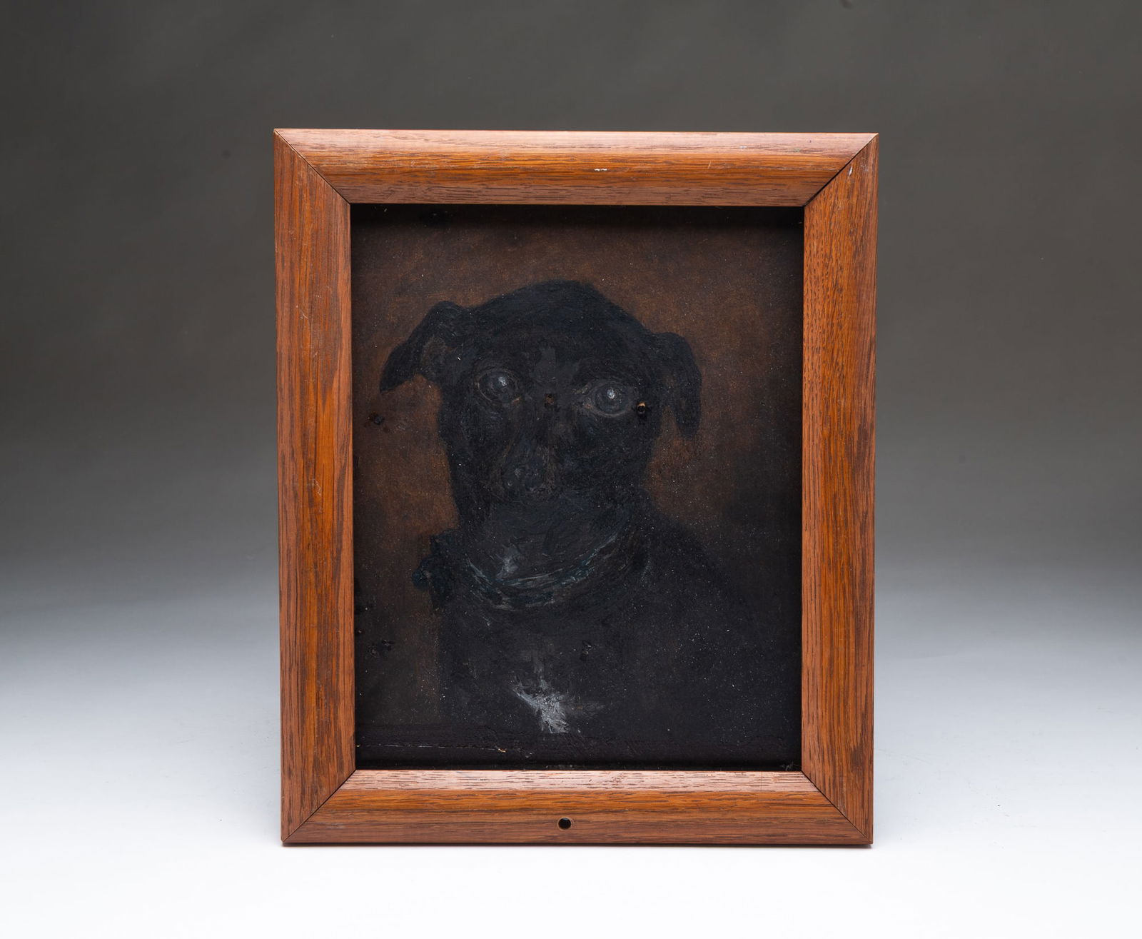 EUROPEAN SCHOOL OIL ON BOARD PORTRAIT OF A BLACK DOG, DATED 1882. Frame, 12"h. 10"w. Sight, 9.75"h. (1 of 4)