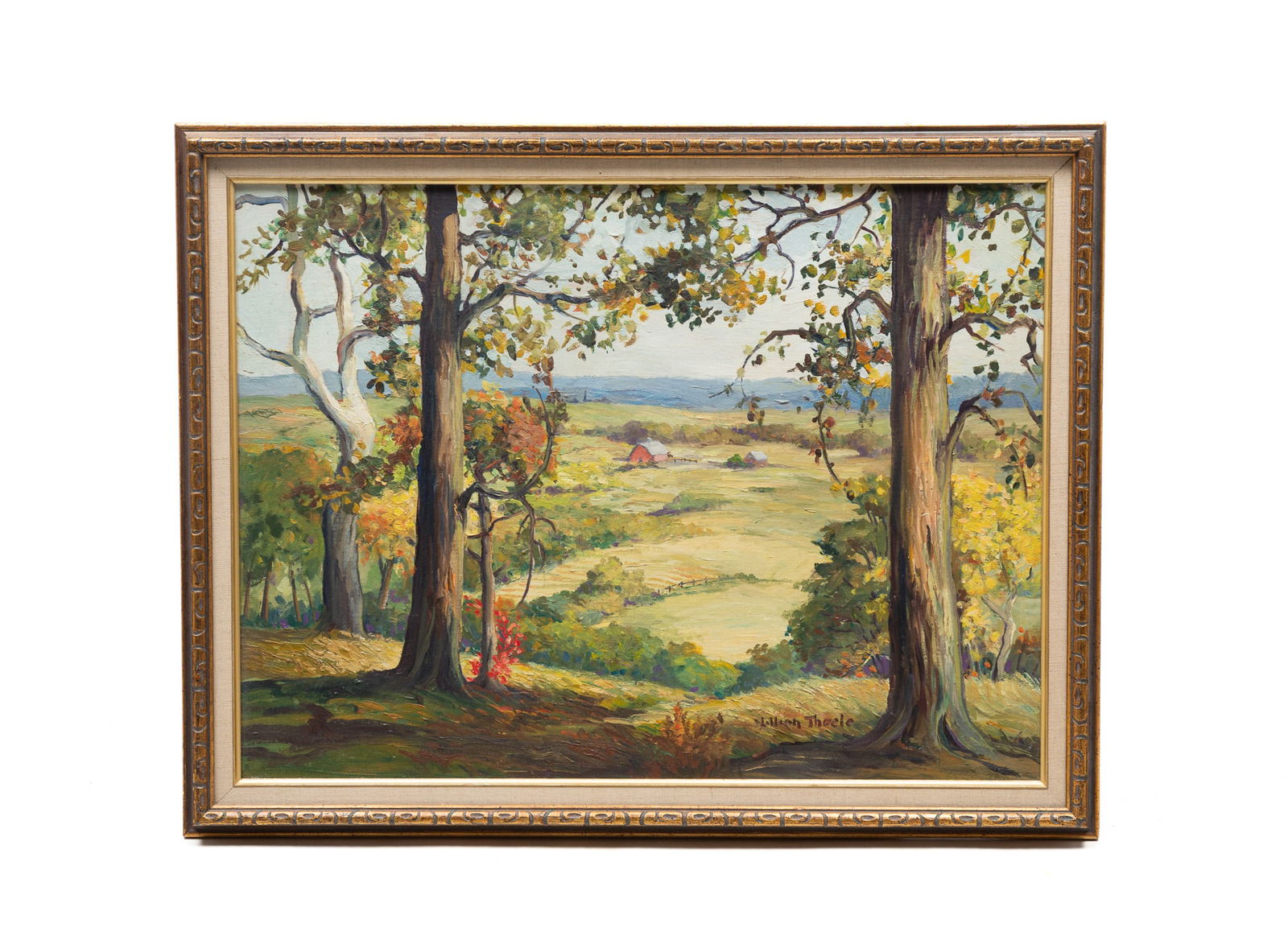 LILLIAN THOELE (AMERICAN, 1894-1971) OIL ON CANVAS BOARD OF A LANDSCAPE. Matted and framed, 21"h. (1 of 4)
