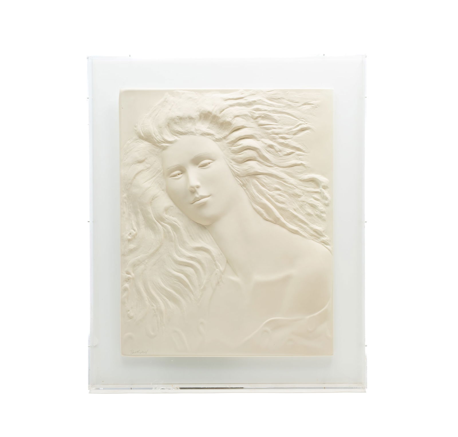 DOROTHY WOLF (AMERICAN, 1921-2008) RESIN WALL RELIEF OF A WOMAN. Frame, 36.5"h. 30.5"w. 3"d. Relief, (1 of 4)