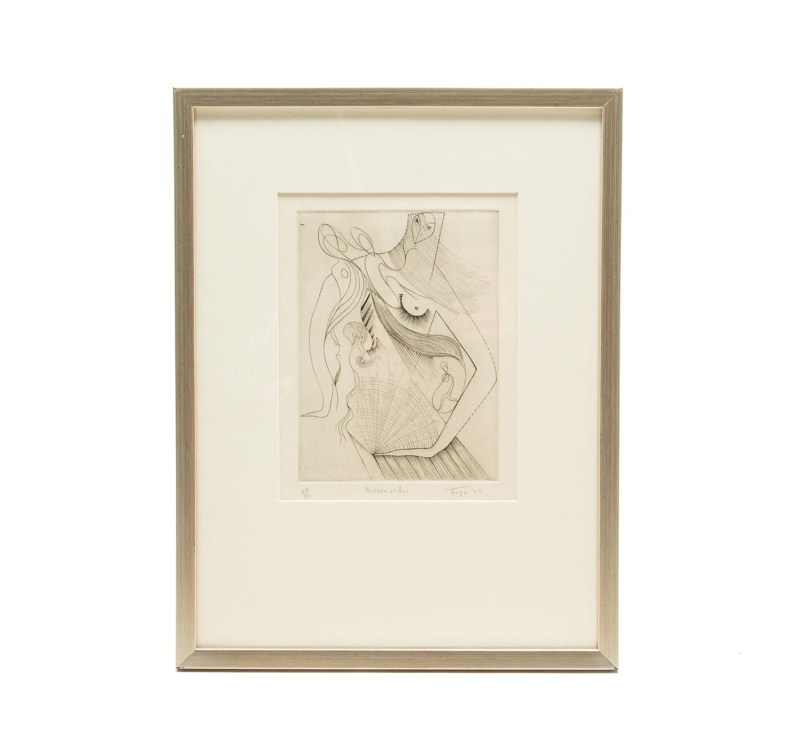 IAN HUGO (AMERICAN, 1898-1985) "MOTHER OF ALL" ETCHING ON PAPER, DATED 1960. Frame, 17"h. 13"w. (1 of 4)