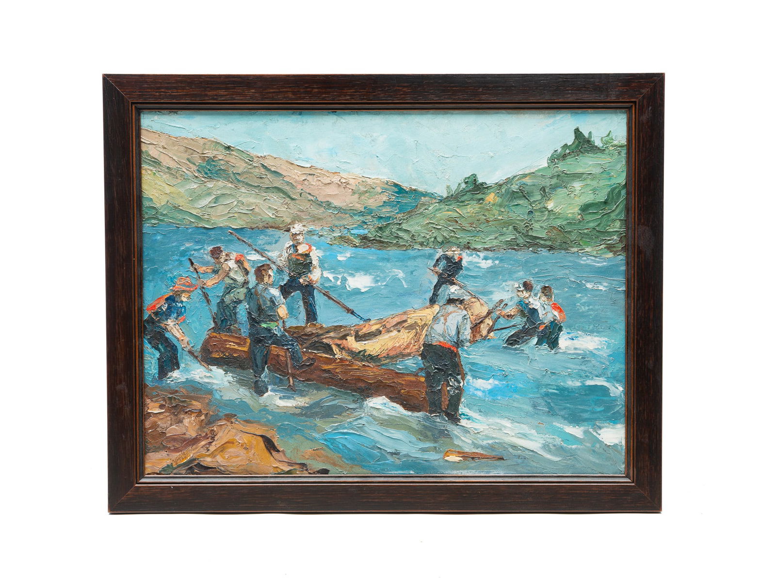 YAPLE (AMERICAN, 20TH CENTURY) OIL ON BOARD OF RIVER SCENE WITH LOGGERS, DATED 1969. Framed, 21"h.: Impasto rendering of eight loggers working on the water to cut the logs. In a wood frame.Provenance: The Lifetime Collection of Ron & the late Betty Kozlowski (Upper Arlington, Ohio).SHIPPING: All pur