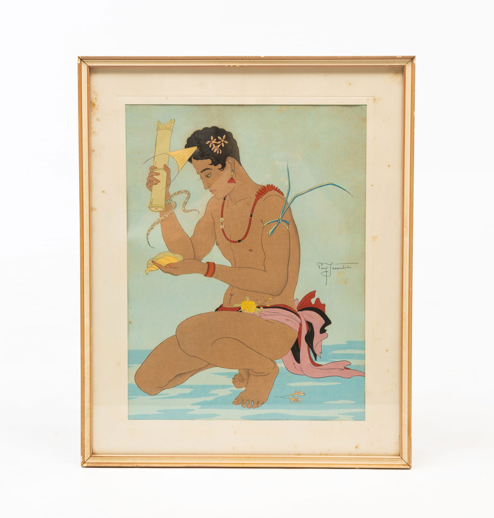 PAUL JACOULET (FRENCH/JAPANESE, 1896-1960) "LE BETEL YAP" WOODBLOCK PRINT. Framed, 19.75"h. 16"w. (1 of 4)