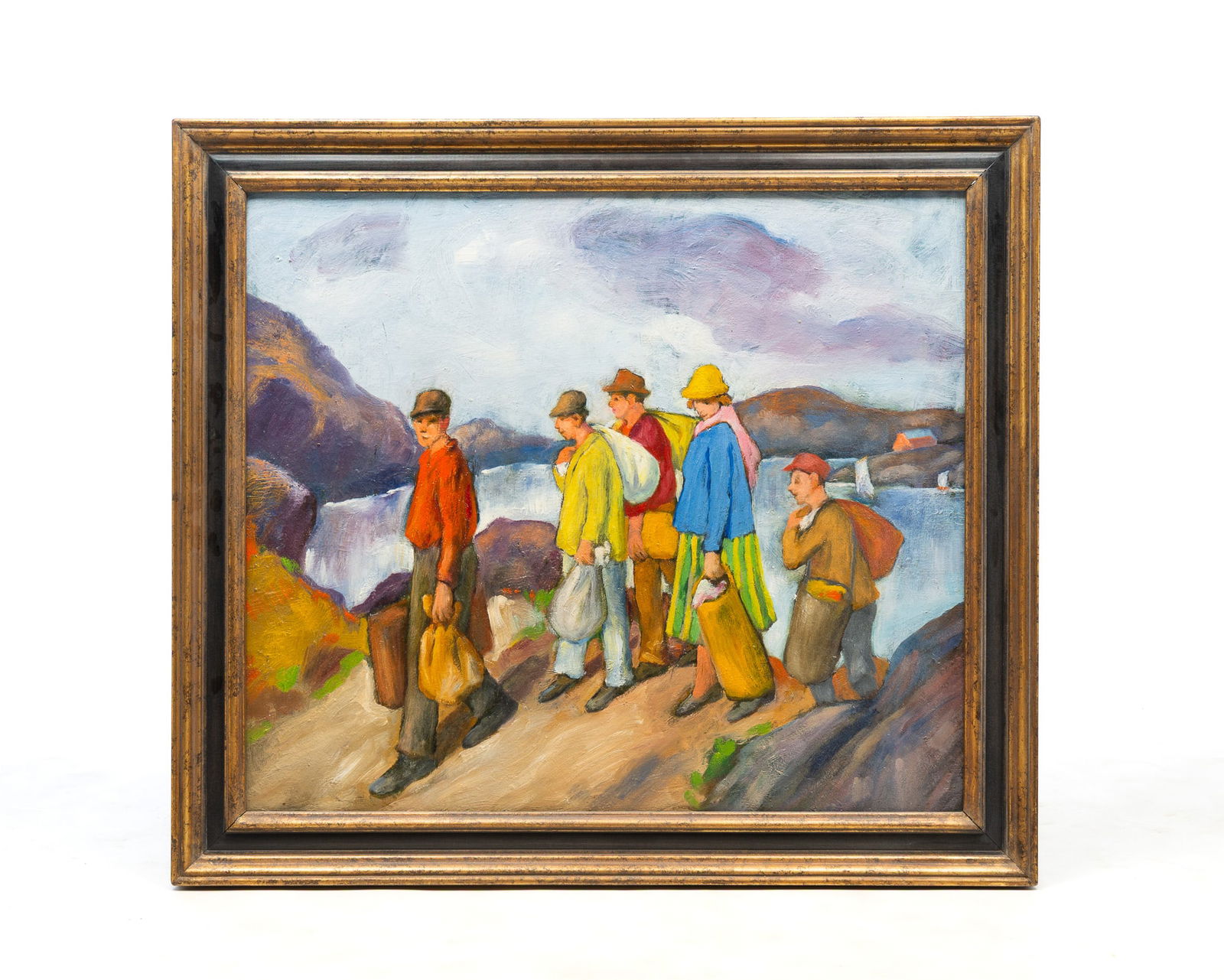 MARTIN PETERSEN (DANISH-AMERICAN, 1866-1956) "FIVE FIGURES WALKING ON THE RIVER" OIL ON BOARD.: Early-mid 20th Century. A colorful depiction of a group of men wearing hats and carrying sacks along a riverbank. Signed on verso.Provenance: The Lifetime Collection of Ron & the late Betty Kozlowski