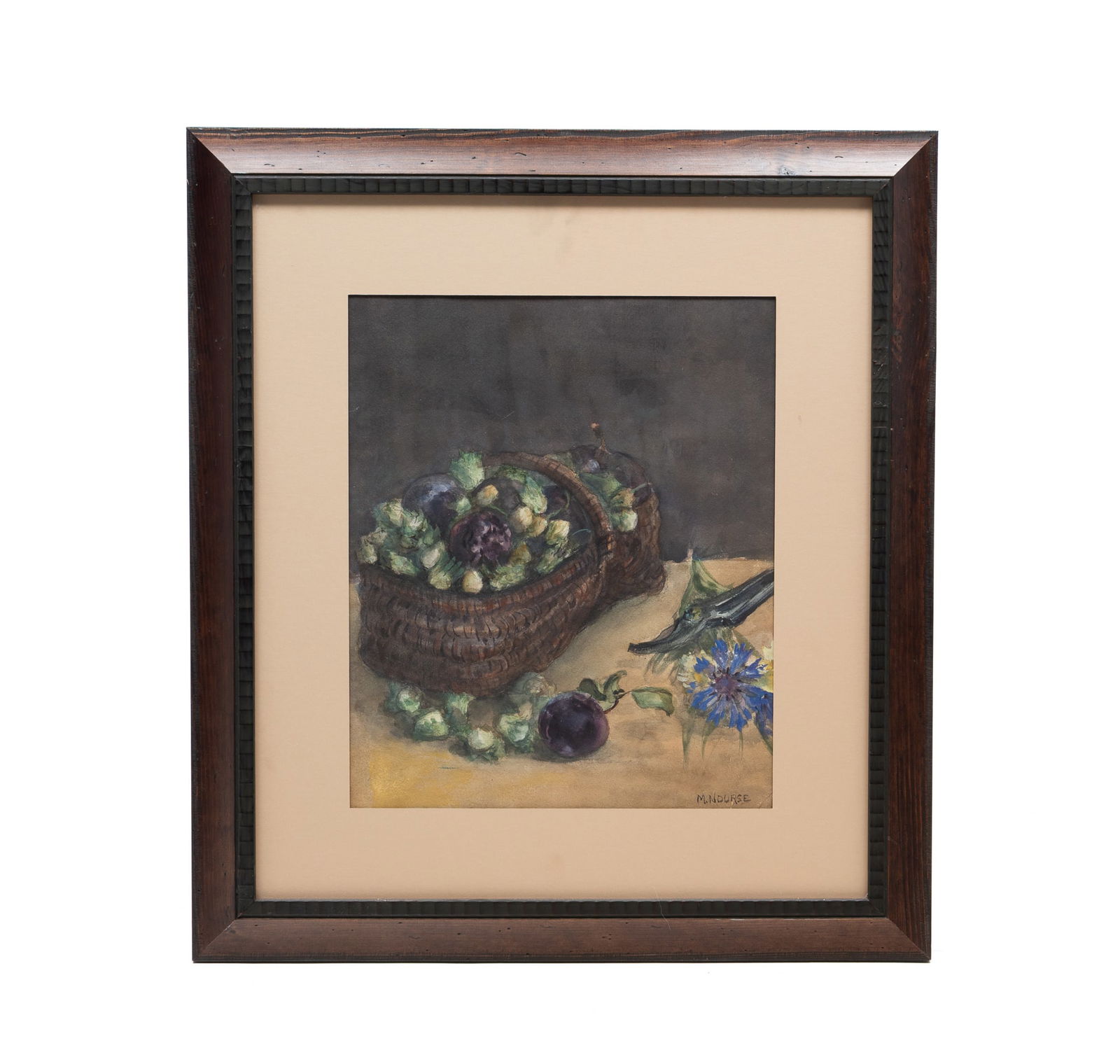 MARY MADELINE NOURSE (CINCINNATI, OHIO, 1870-1959) WATERCOLOR STILL LIFE OF BASKET WITH FRUIT AND (1 of 4)