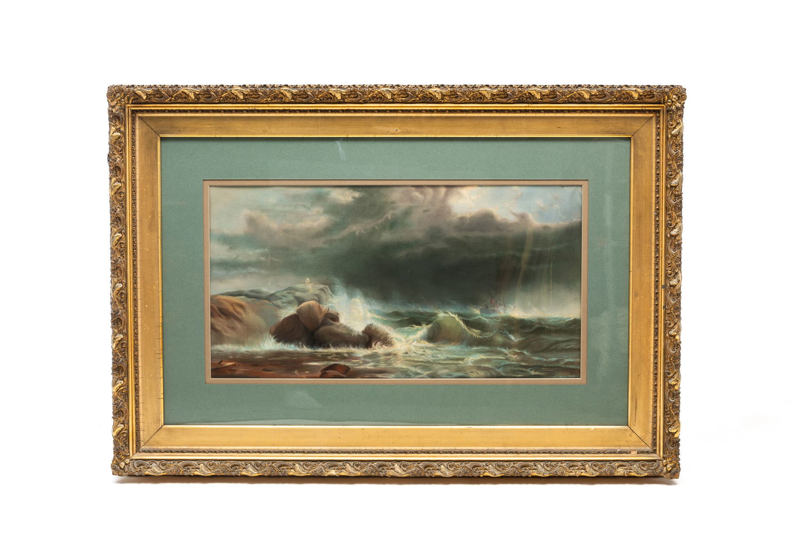 AFTER EDWARD MORAN (AMERICAN, 1829-1901) SEASCAPE OIL PASTEL ON PAPER. Frame, 26.25"h. 38.5"w. (1 of 4)