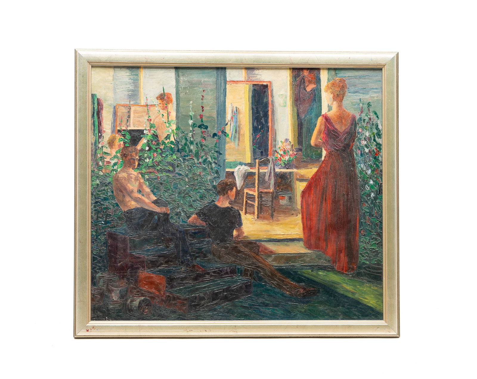 M. PALMER (AMERICAN, 20TH CENTURY) OIL ON CANVAS OF INTERIOR SCENE WITH FIGURES. Frame, 31"h. (1 of 4)