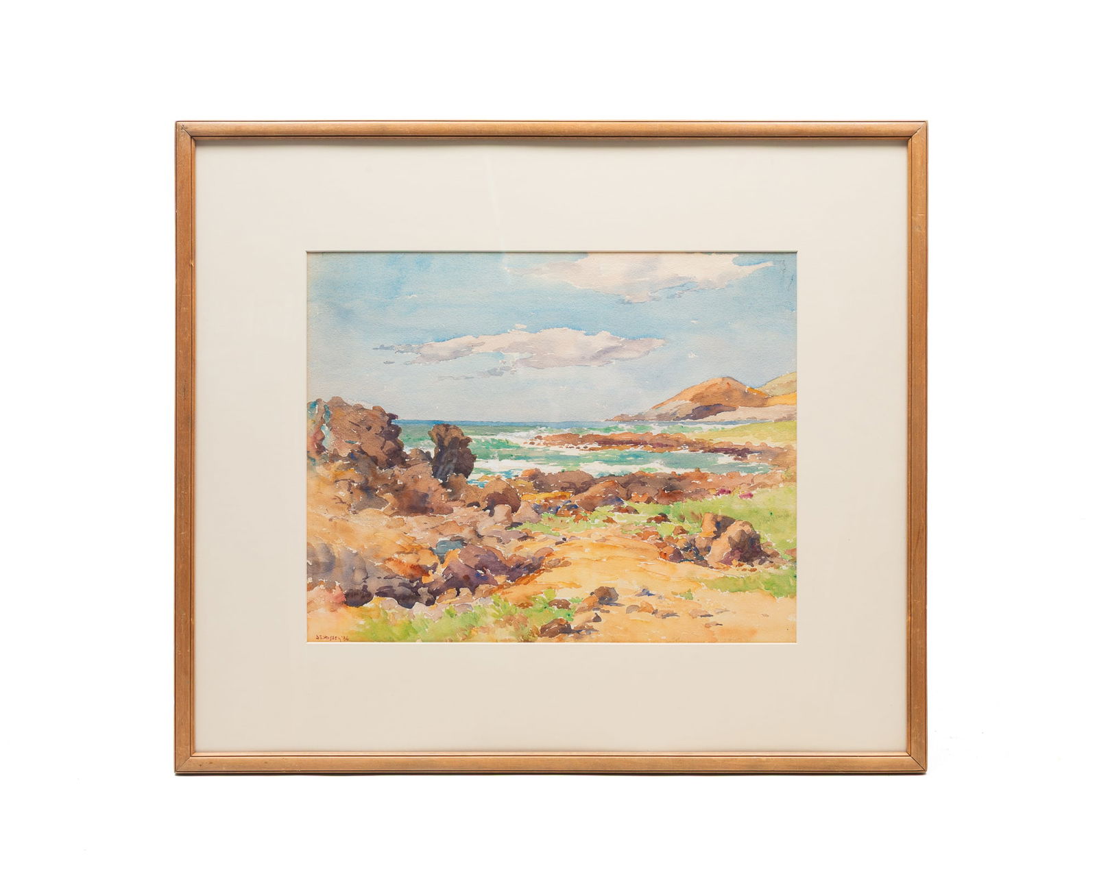 J.E. HUSSEY (AMERICAN, 20TH CENTURY) WATERCOLOR OF COASTAL LANDSCAPE, DATED 1936. Frame, 23"h. 26"w. (1 of 4)