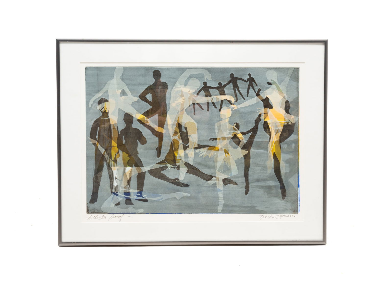 TRUDI O'BRIEN DUNCAN (COLUMBUS, OHIO, 20TH CENTURY) ARTIST'S PROOF SILKSCREEN OF DANCERS. Frame,: American. Depiction of dancers in various poses. Signed in pencil to bottom. Matted in a metal frame behind glass.Provenance: The Lifetime Collection of Ron & the late Betty Kozlowski (Upper Arlington