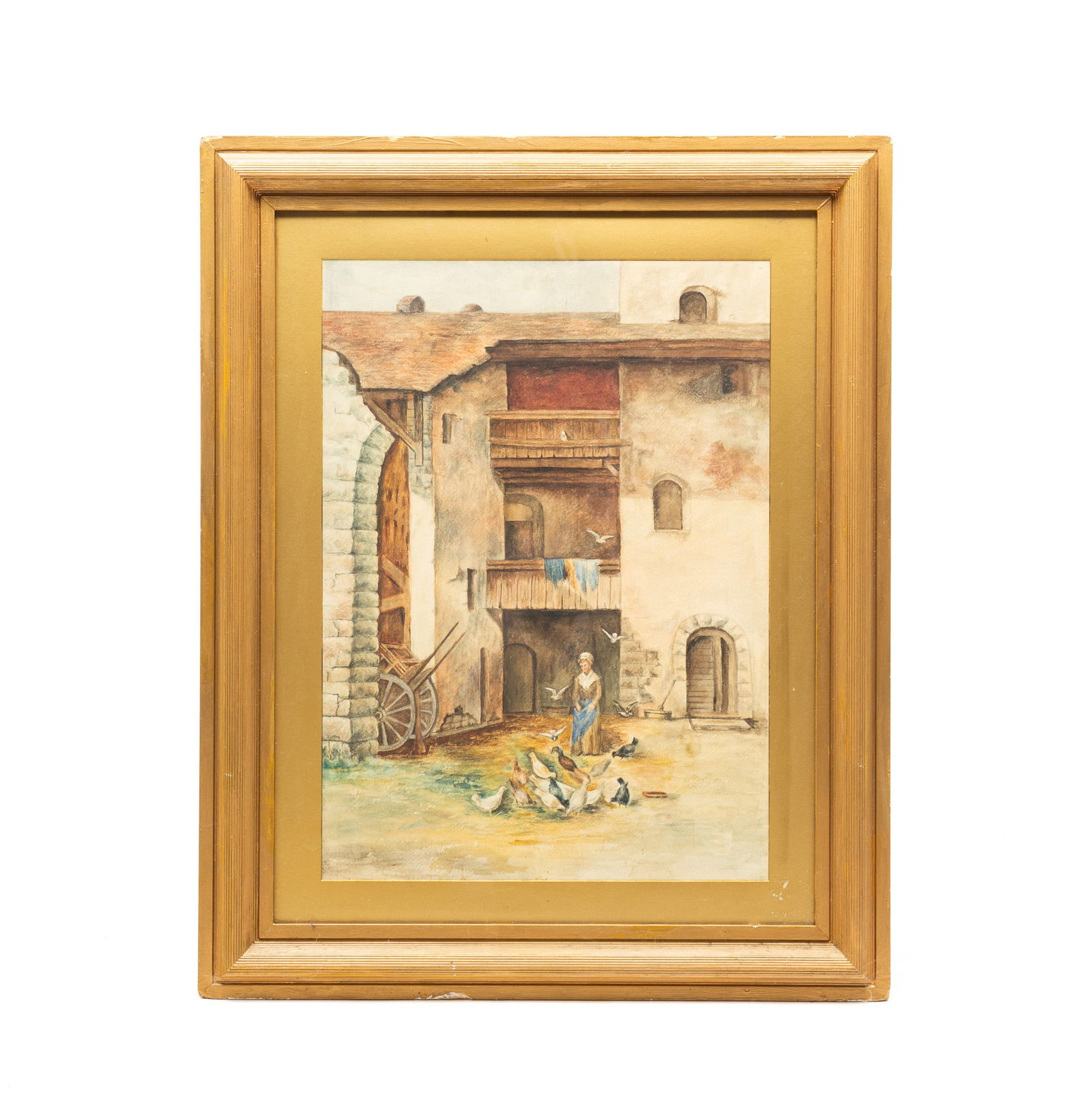 EUROPEAN SCHOOL WATERCOLOR OF COURTYARD SCENE WITH WOMAN FEEDING BIRDS. Frame, 34.75"h. 28"w.: Late 19th-early 20th Century. View of a woman standing in a courtyard feeding the birds. Unsigned. Matted in a painted frame behind glass.SHIPPING: All purchases from Amelia Jeffers, Auctioneers & App