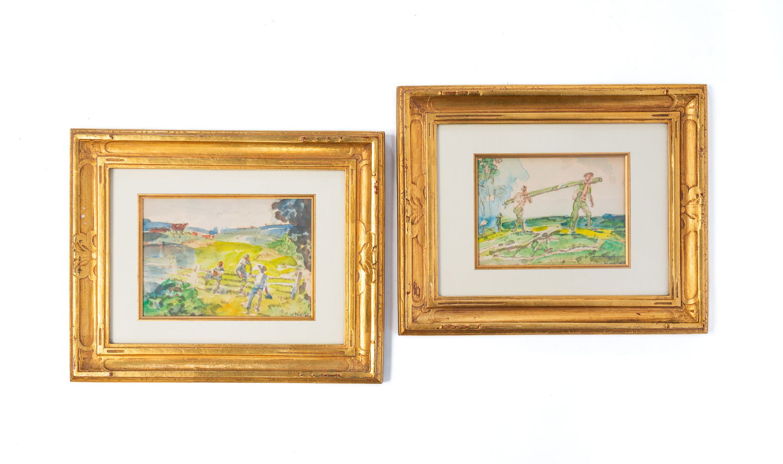 TWO FRANK N. WILCOX (OHIO, 1887-1964) GRAPHITE AND WATERCOLOR RURAL LANDSCAPES OF FENCE BUILDERS. (1 of 5)