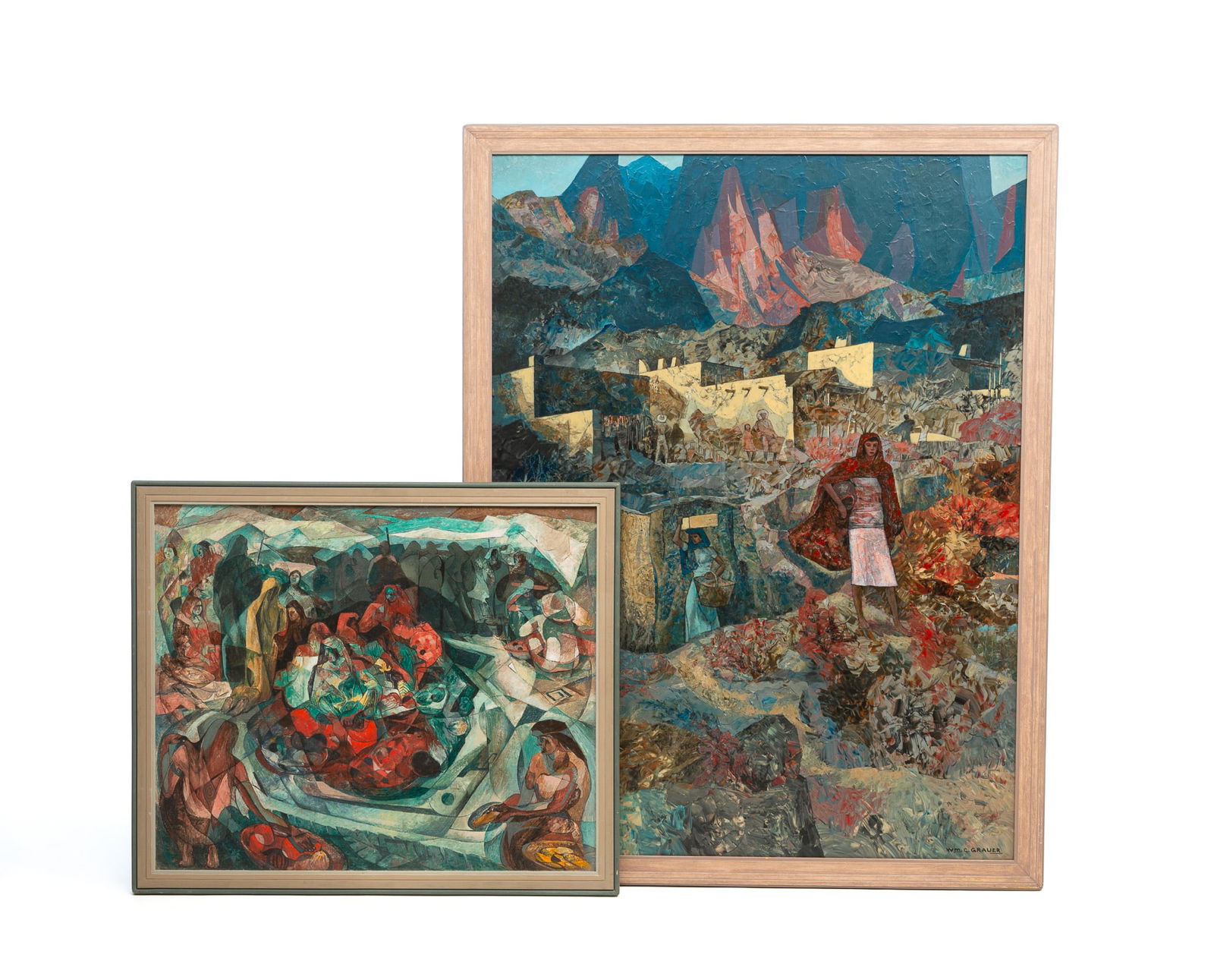 TWO WILLIAM GRAVER (AMERICAN, CONTEMPORARY) ACRYLIC PAINTINGS OF MEXICAN SCENES. Largest frame, (1 of 7)