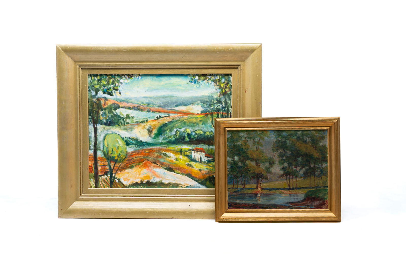 TWO OIL ON CANVAS LANDSCAPES, INCL. DOROTHEA CHANDLER-CARLAND (TOLEDO, OHIO, 20TH CENTURY). Largest: American, 20th Century. The larger depicting rolling hills with a villa, signed "Perry" at lower right. Canvas, 24"h. 30"w. Frame, 35"h. 41"w. The smaller by Dorothea Chandler-Carland (Toledo, Ohio) d