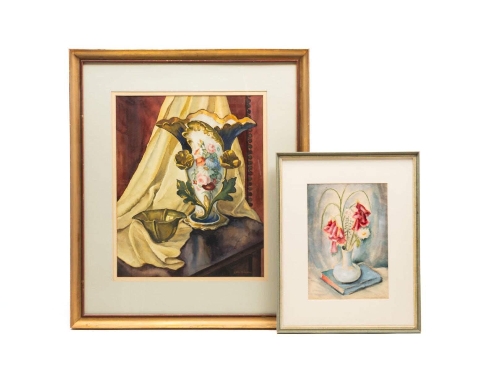 LYDIA MORROW REEDER (OHIO, 1885-1975) AND FLORA MACLEAN REEDER (AMERICAN, 1887-1965), TWO WATERCOLOR: American, 20th Century. The Lydia Reeder a still life depicting an Old Paris style vase and silver bowl on a draped table, signed at lower right. Matted and framed. Frame, 33"h. 28.25"w. The Flora Ree