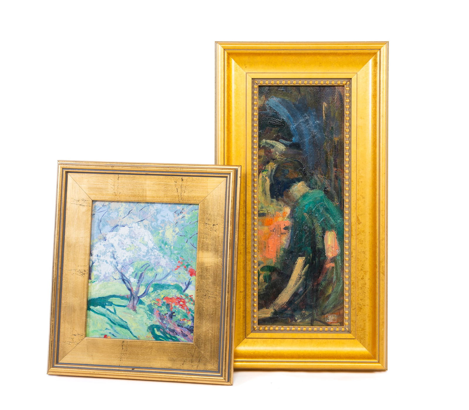 TWO OIL ON PANEL PAINTINGS, JESSE DEVINEY (1883-1941). DeViney frame, 24"h. 12.5"w. (1 of 5)