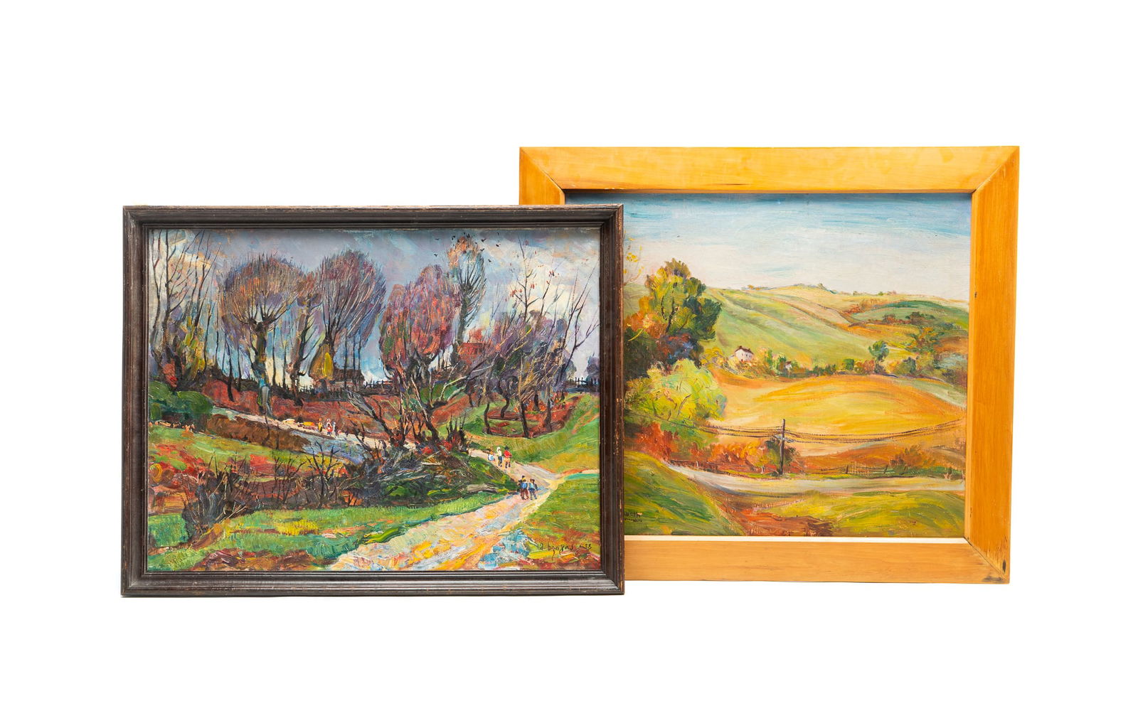 TWO LARGE OIL PAINTINGS OF LANDSCAPES. The larger frame, 30"h. 34"w. (1 of 6)