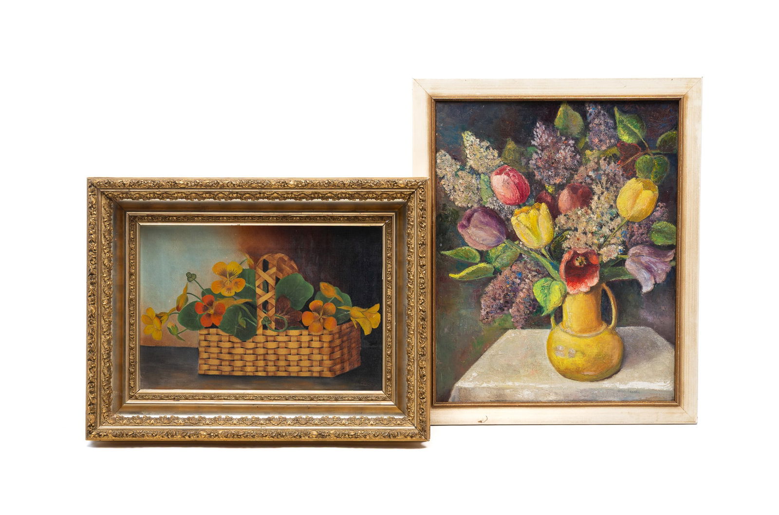 TWO OIL ON CANVAS STILL LIFE PAINTINGS. Vase frame, 23"h. 19"w. Canvas, 20"h. 16"w. Gilt frame, (1 of 4)