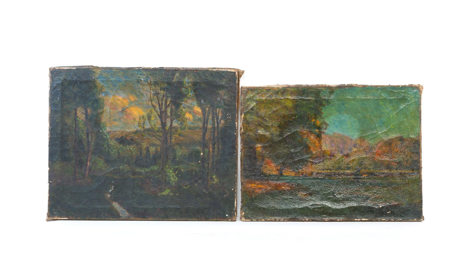 TWO EDWARD PARKER HAYDEN (OHIO/NEW YORK/MASSACHUSETTS, 1858-1922) OIL ON CANVAS OF WOODSY: American, ca. 1900. Larger depicting a view looking out of the woods at a hill in the distance, and trees throughout and under a blue cloud-filled sky. And the second depicts a view of a line of trees