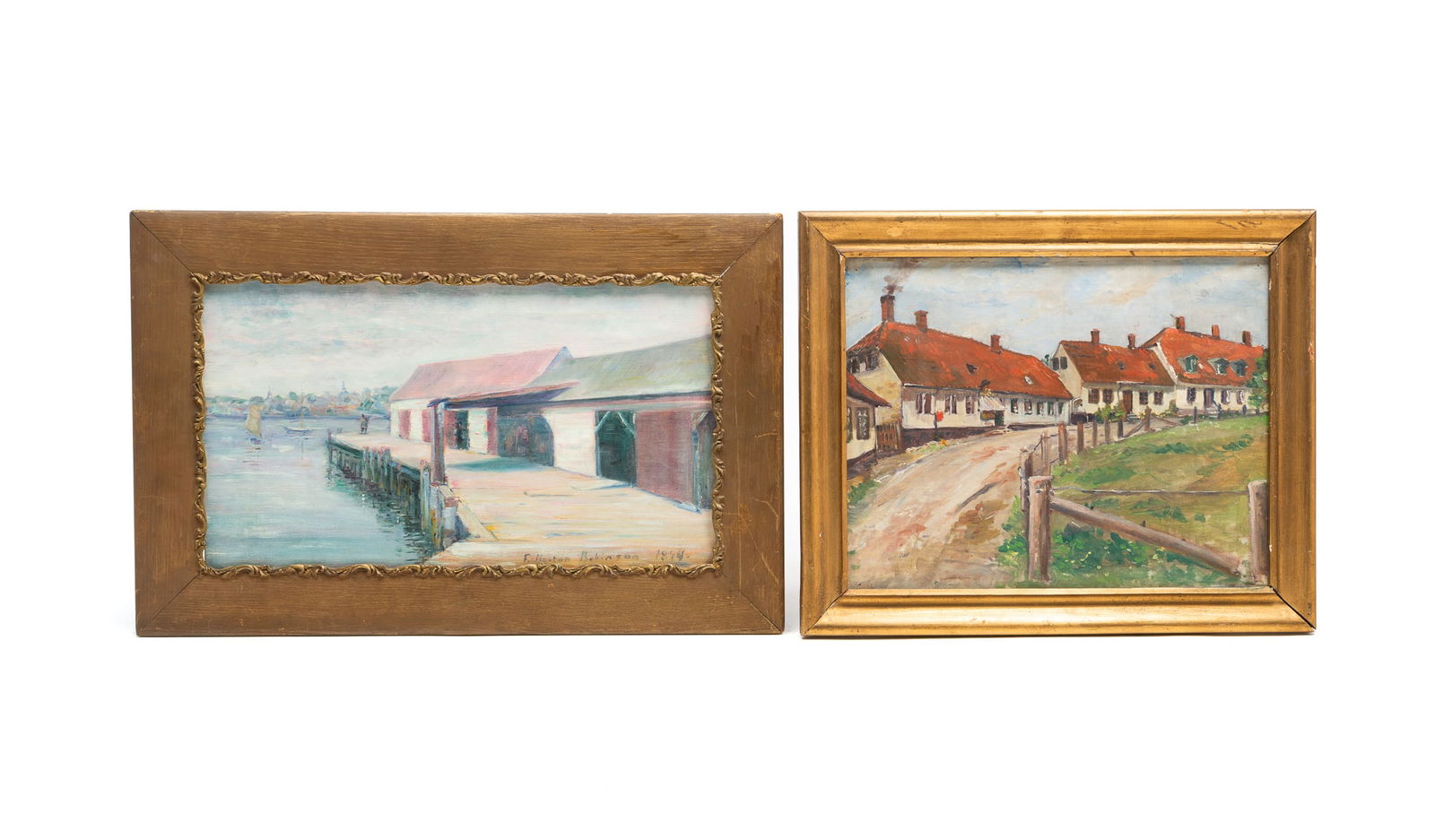 TWO OILS ON CANVAS LANDSCAPES WITH ARCHITECTURAL ELEMENTS, INCL. F. NORTON ROBINSON (AMERICAN, B. (1 of 5)