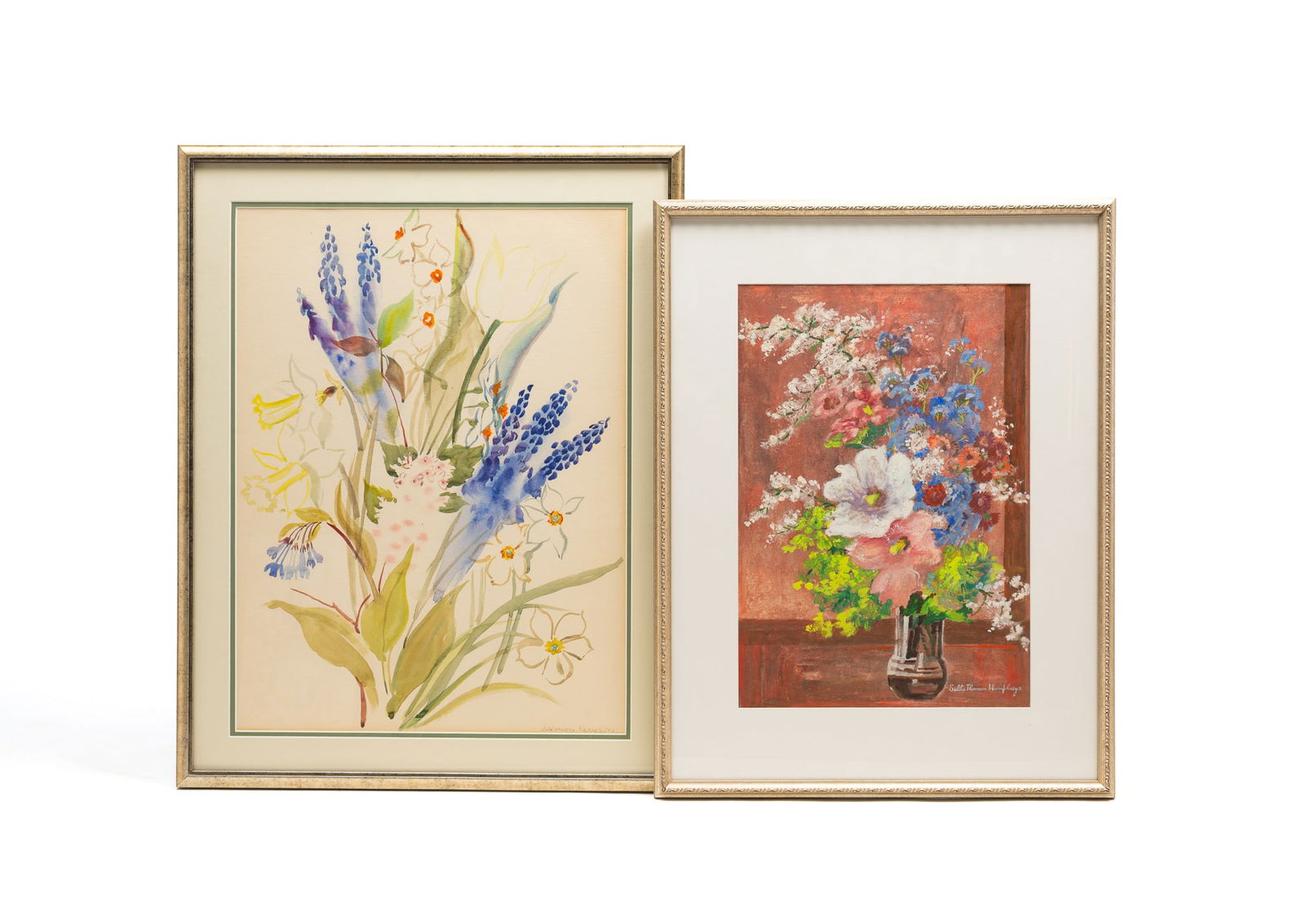 TWO WORKS ON PAPER OF FLORAL STILL LIFES. The larger frame, 28.5"h. 22.5"w. (1 of 6)