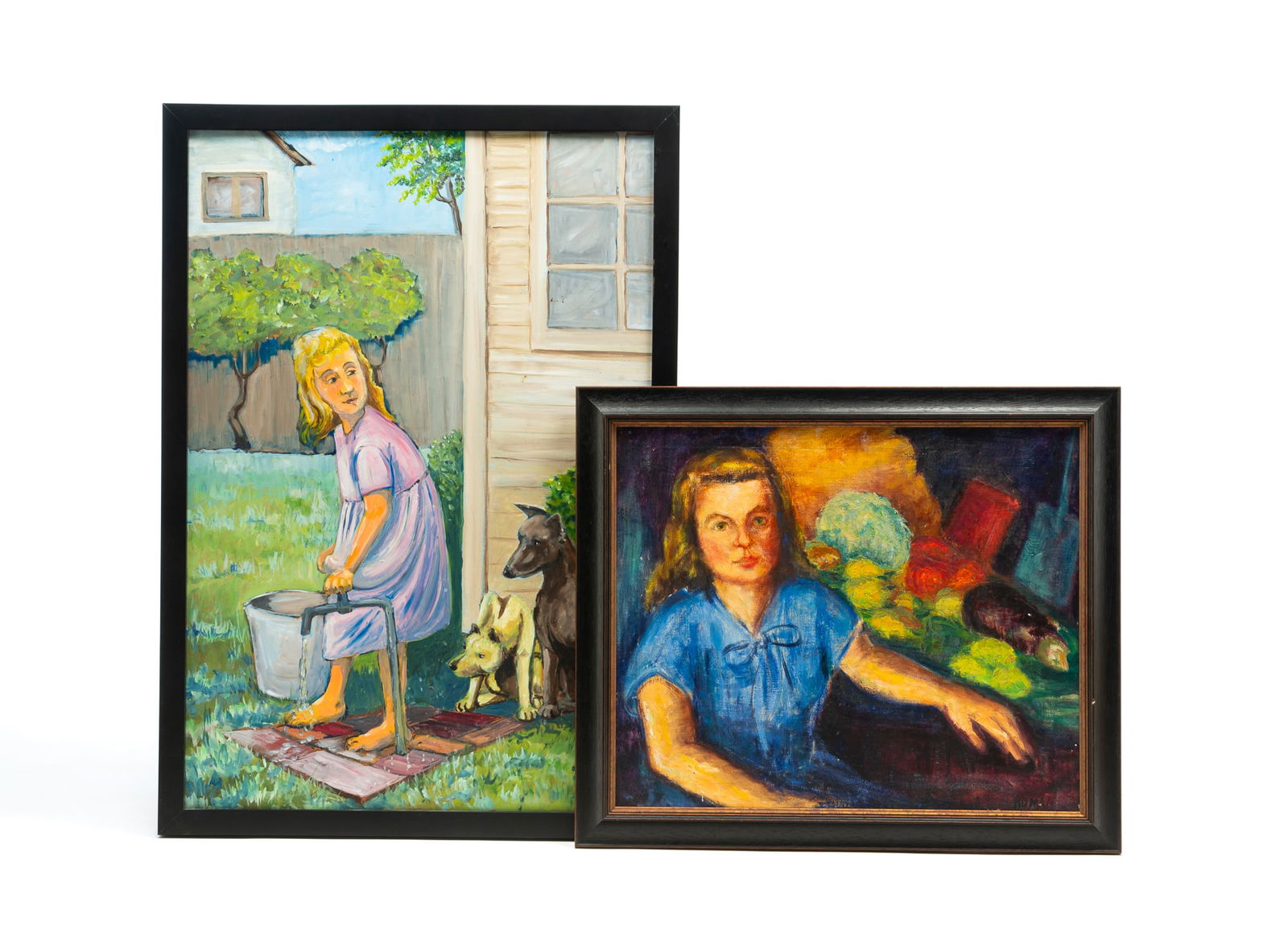 TWO AMERICAN OIL PAINTINGS OF GIRLS, ONE WITH DOGS. The larger frame, 37"h. 28"w. (1 of 6)