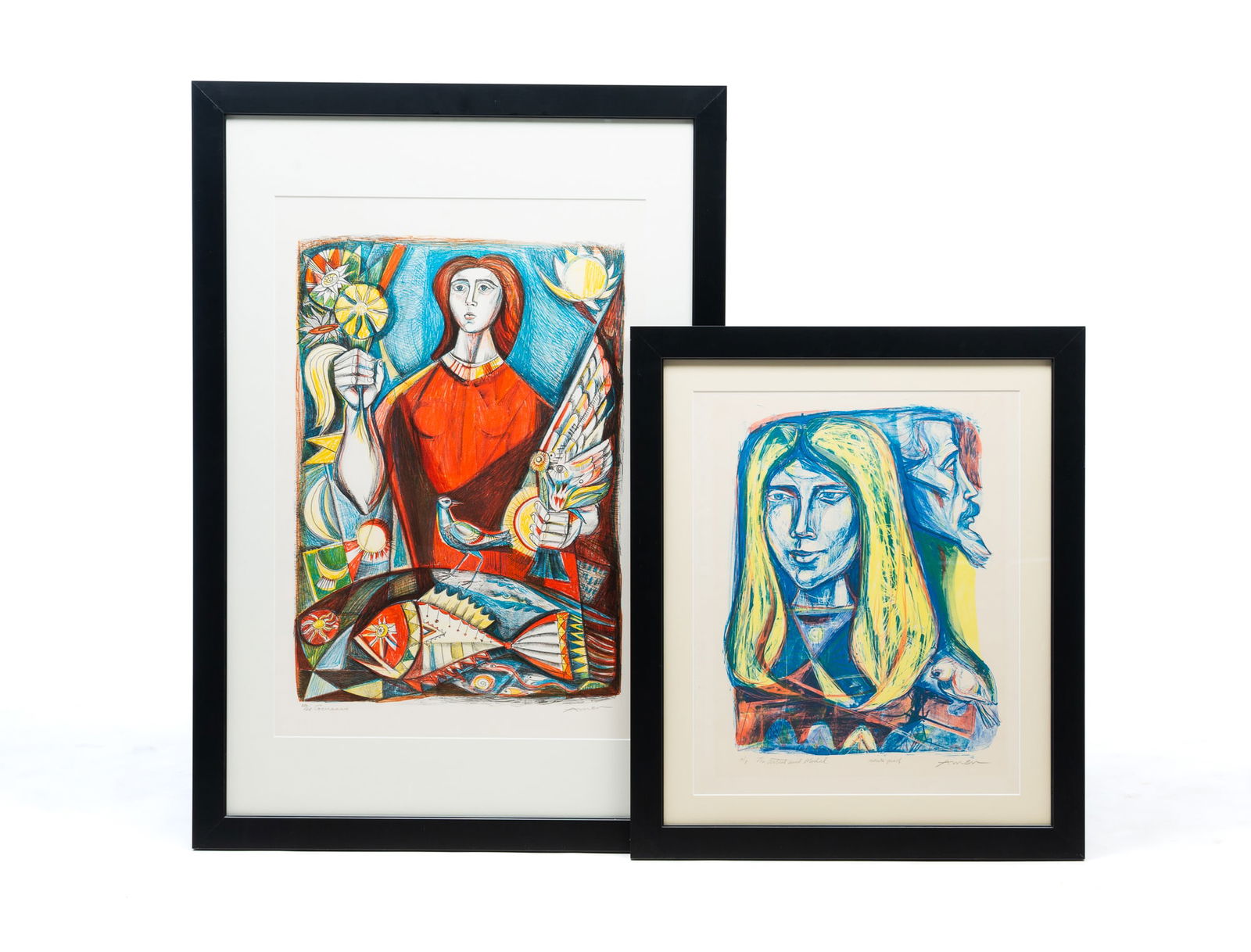 TWO IRVING AMEN (AMERICAN, 1918-2011) COLOR LITHOGRAPHS. Largest frame, 39"h. 27"w.: Ca. 2000. The larger print editioned 239/275, titled "Genesis," and signed in pencil at bottom margin. Sight, 27.5". 18.75"w. Matted and framed, 39"h. 27"w. The smaller print editioned A/P, titled "Th