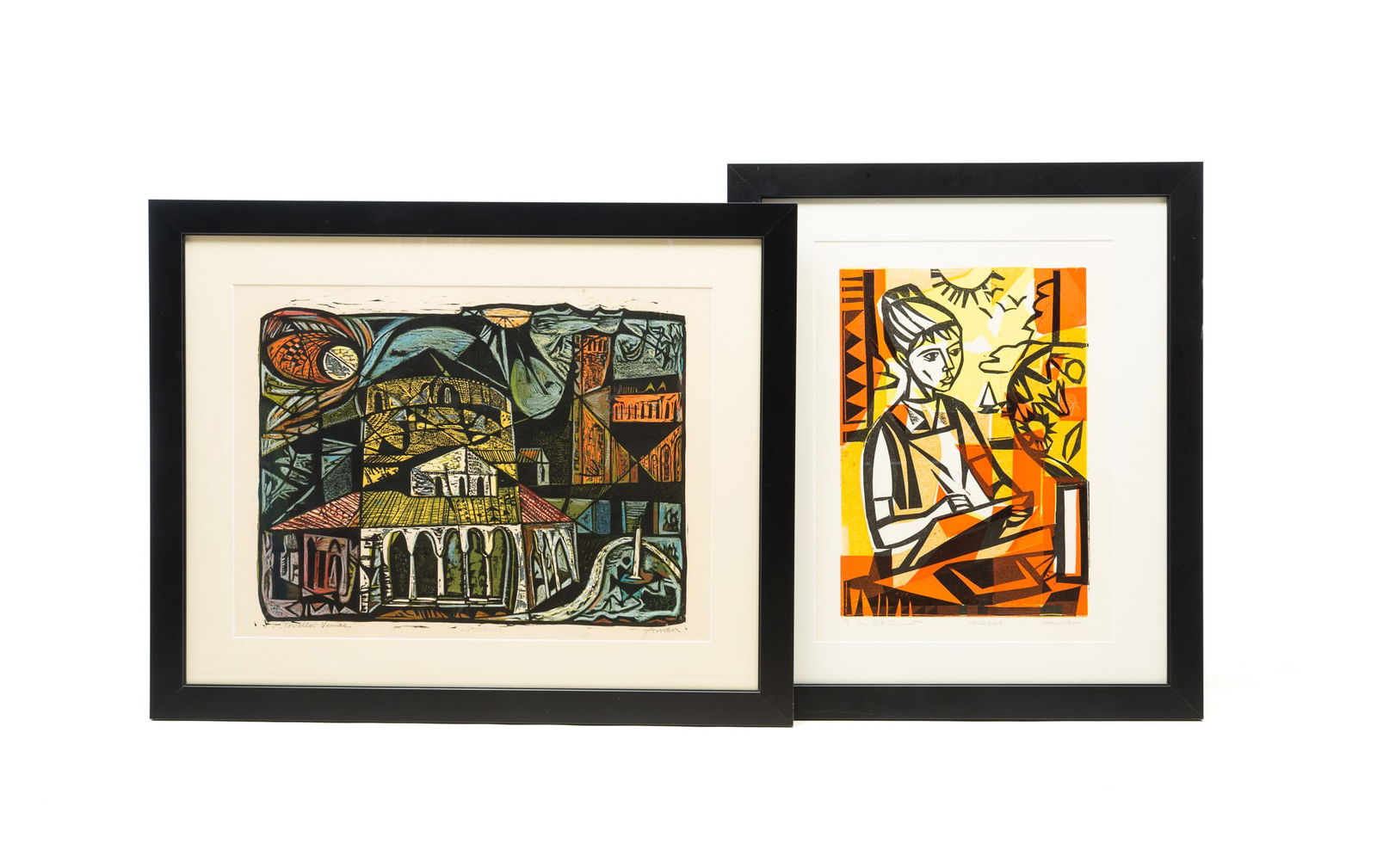 TWO IRVING AMEN (AMERICAN, 1918-2011) COLOR WOODBLOCK PRINTS. Largest frame, 25"h. 31"w. (1 of 8)