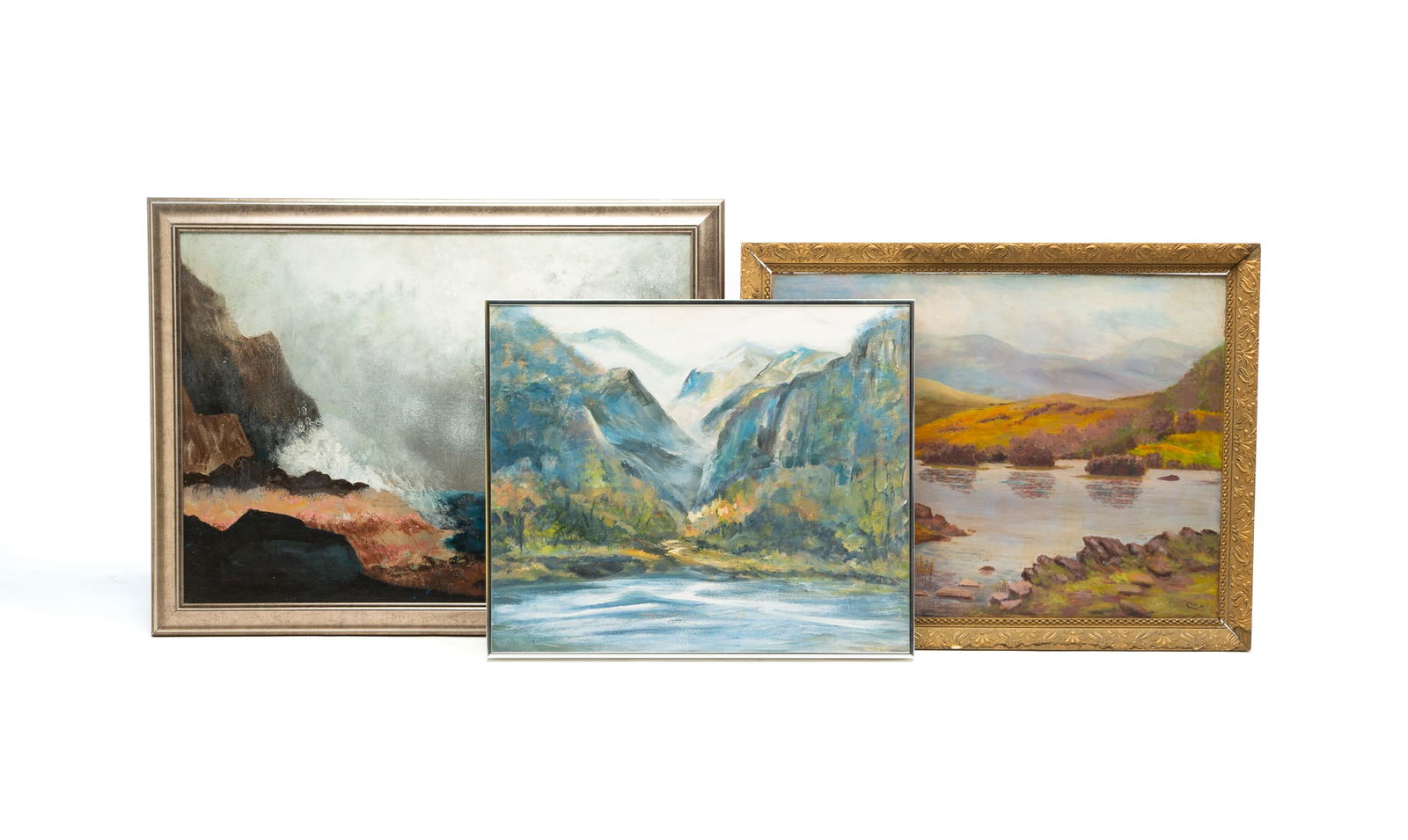THREE OIL PAINTINGS OF WATERY LANDSCAPES, ONE SIGNED "C.H.H." Largest frame, 25.5"h. 33.5"w. (1 of 6)