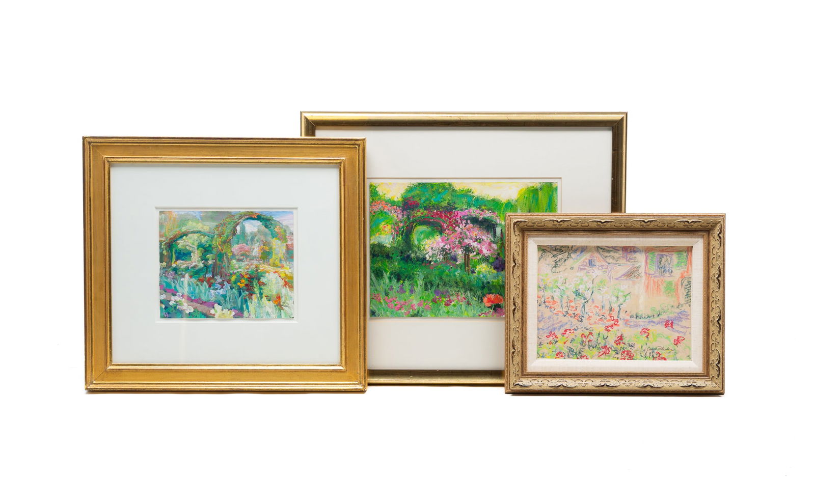 THREE FRAMED COLORFUL FLORAL LANDSCAPES, INCLUDING ONE IN A HACKMAN FRAME. Largest, 20.75"h. 24.5"w. (1 of 6)