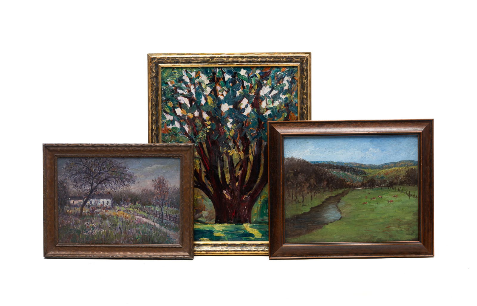 THREE OIL ON BOARD LANDSCAPE PAINTINGS. Largest frame, 22.25"h. 18.25"w. (1 of 8)