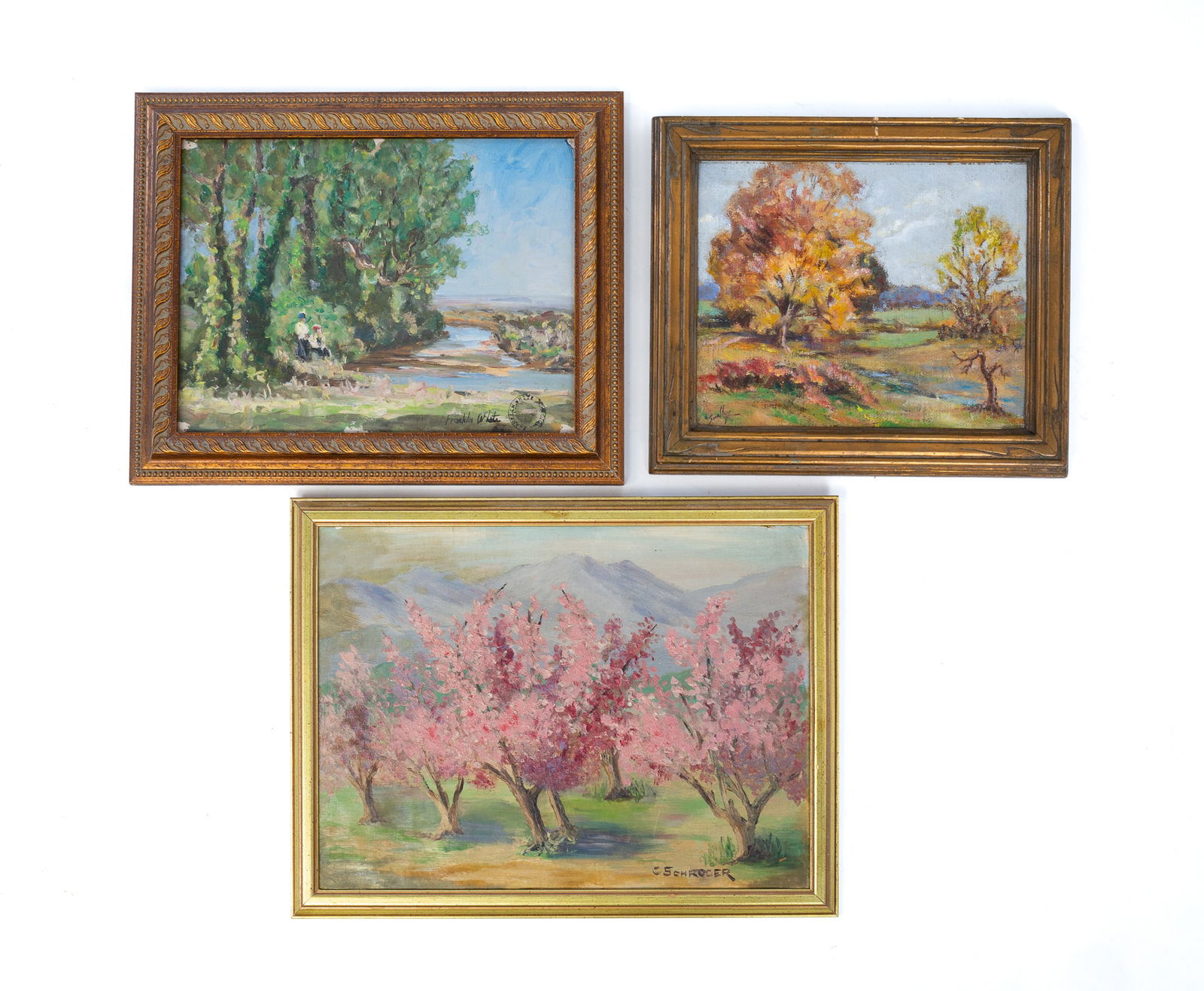 THREE IMPRESSIONISTIC OIL ON BOARD LANDSCAPES. Largest, 13.5"h. 17.5"w. (1 of 7)